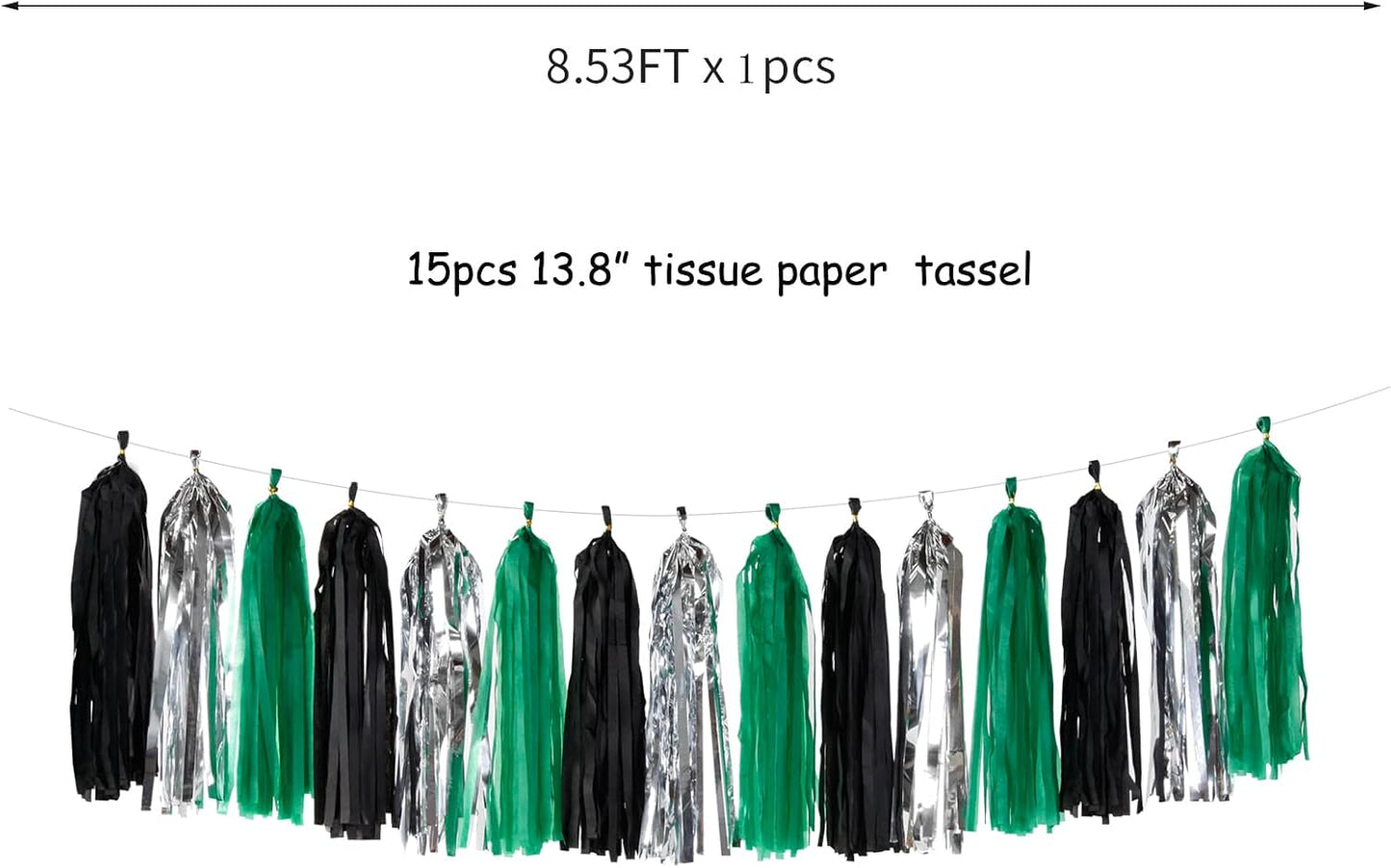 Black Green Silver Tassel Garland - 15pcs Soccer Party Supplies Tassels Graduation Backdrop Decorations Men Boys Birthday Spring Summer Jungle Theme Banner