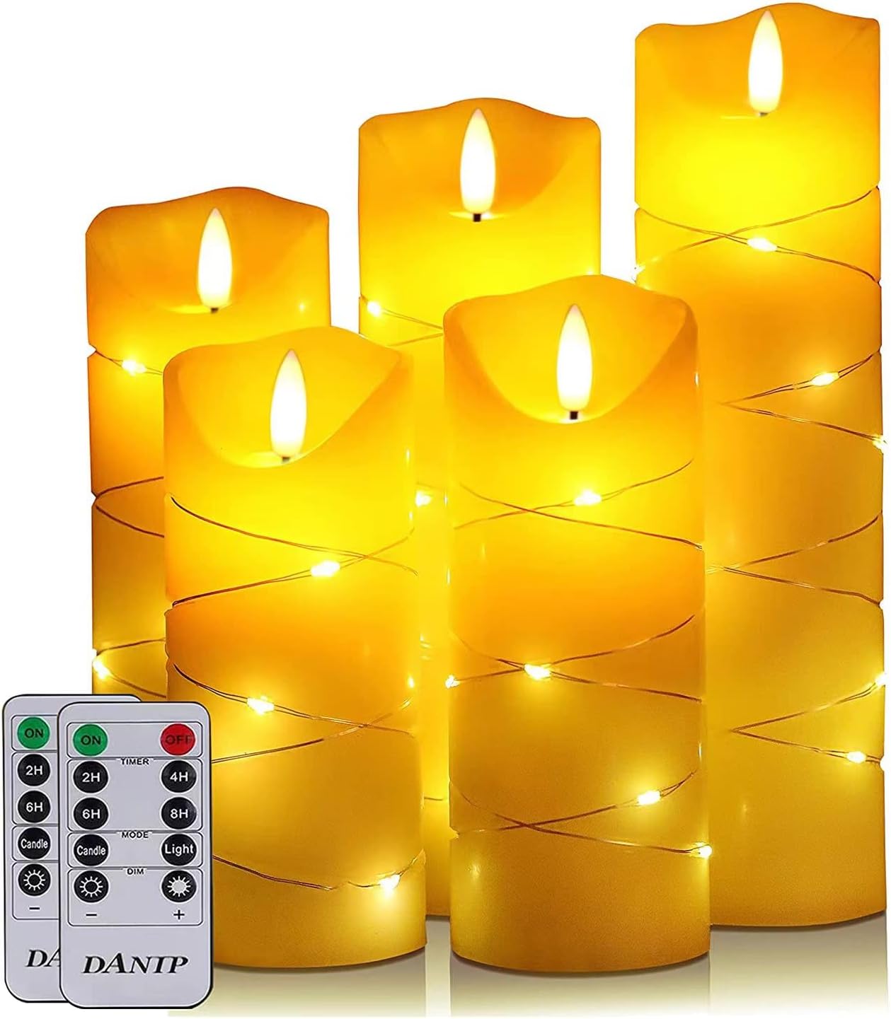 LED flameless Candle, with Embedded Starlight String,（ danip)5-Piece LED Candle, with 10-Key Remote Control, 24-Hour Timer Function, Dancing Flame, Real Wax, Battery-Powered. (Ivory White)