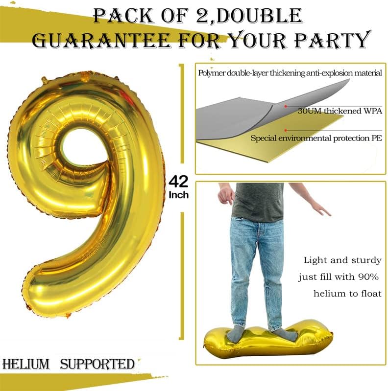 GOER Gold Foil Balloons Number 9,Huge Number Balloons for 9th 19th 29th 39th 49th Birthday Party Supplies Anniversary Decorations (3 pcs,42 inch,32 inch,16inch)