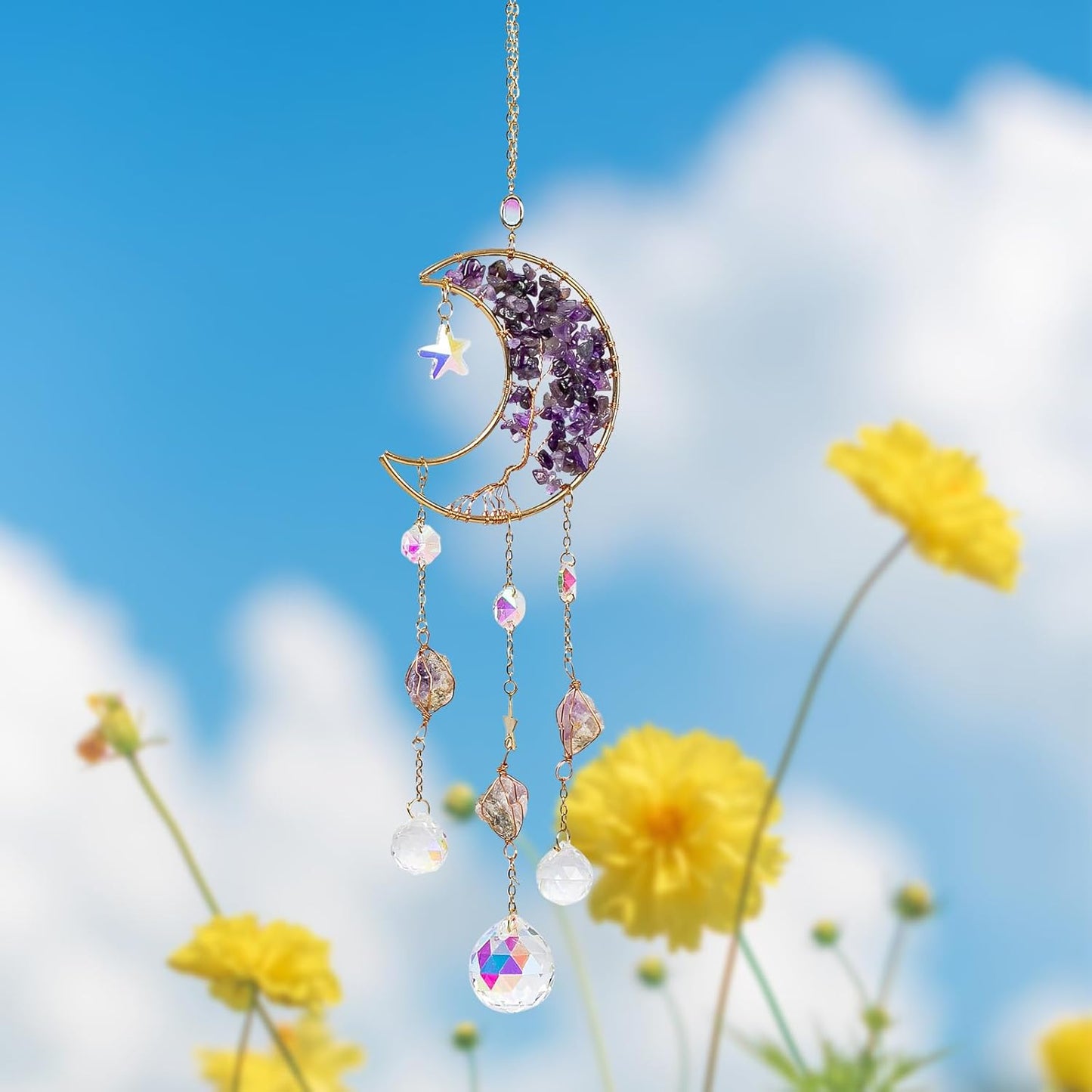 TUOKING Amethyst Crystal Moon Suncatchers for Window Hanging Tree of Life Natural Healing Stones Wind Chimes Sun Catcher Rainbow Maker Good Luck Gifts Decor for Home Garden
