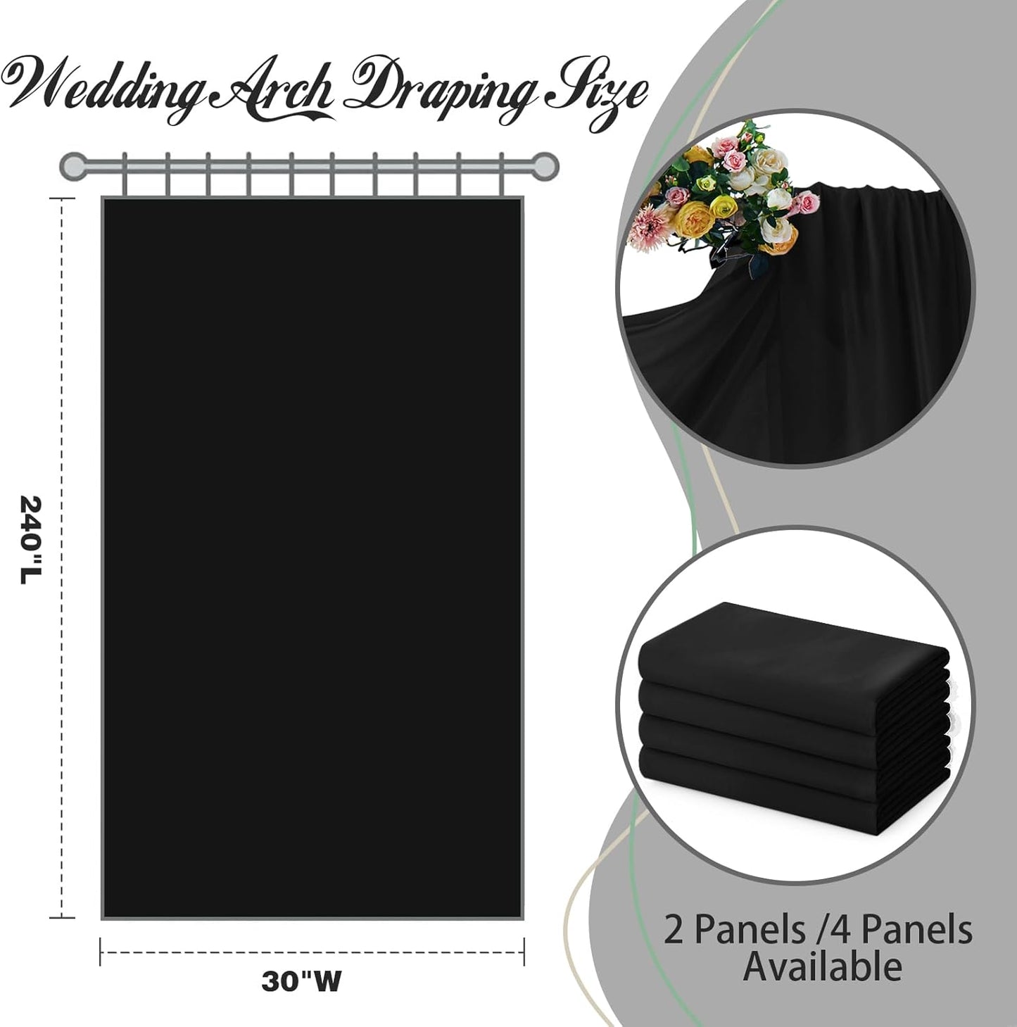 SiinvdaBZX 2 Panels Wedding Arch Draping Fabric 30" x 240" Black Polyester Chiffon Fabric for Multiple Occasions