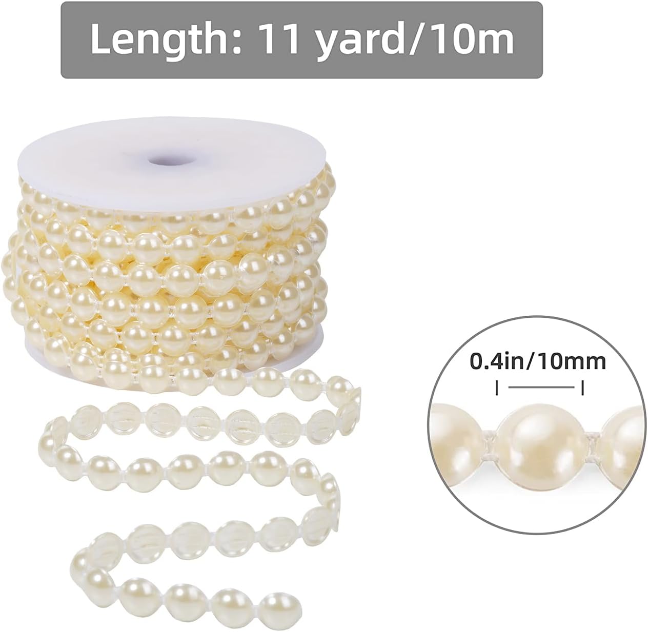 10mm Pearl Garland Half-Round 11 Yards Flat Craft Pearls Bead String Roll Strand for Wedding Party Christmas Tree Decoration (Ivory)