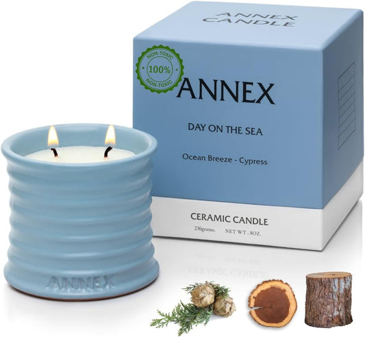 Scented Luxury Candles in Handmade Ceramic Jars, Soy Wax | Day On The Sea – Cypress & Cedar, Large Candle | Non Toxic, 2 Wicks, Reusable Big Blue Jar | Natural Spring Aromatherapy for Women & Men