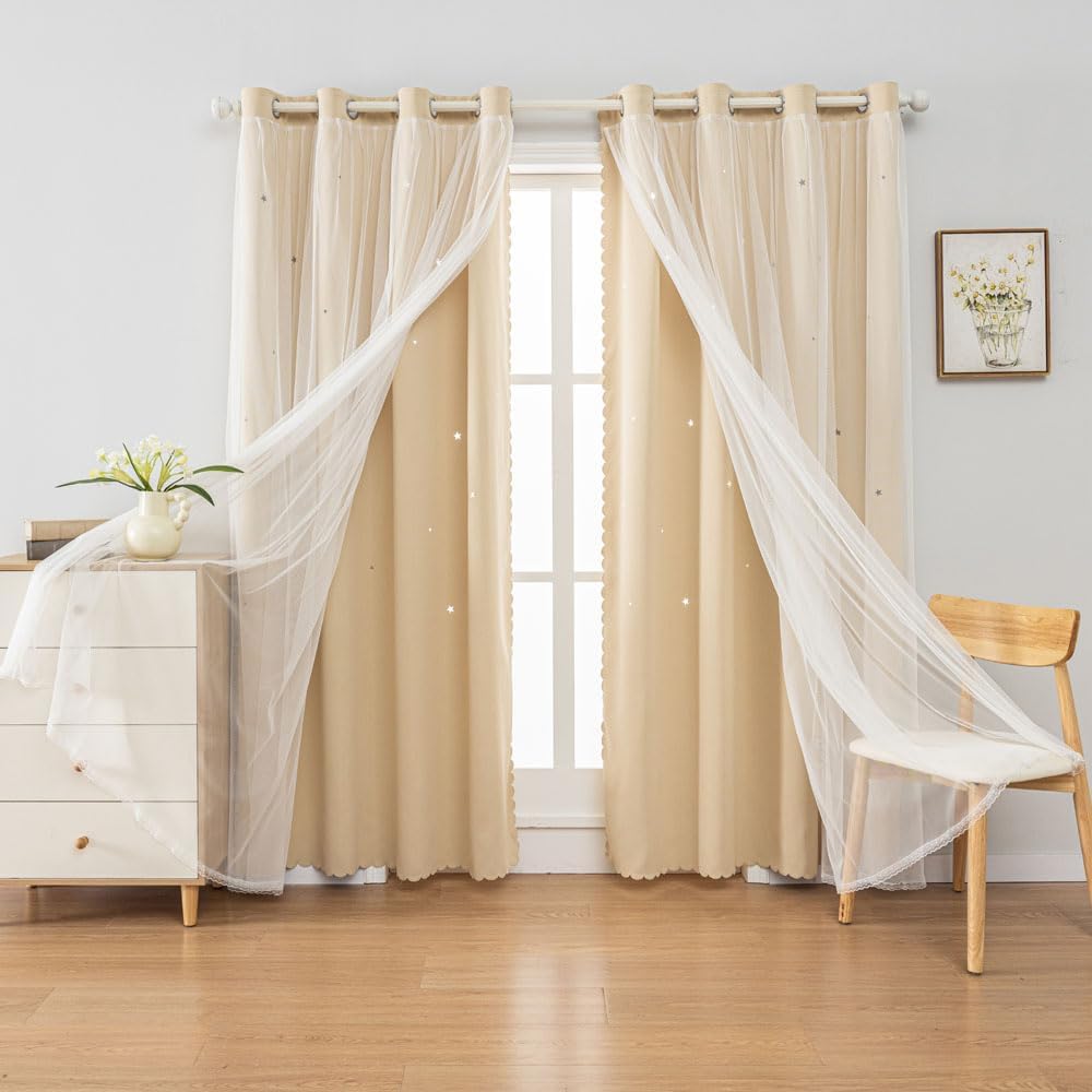 FANLI 2 Panels Star Blackout Curtains for Kid Girls Bedroom Living Room Darking Stripe Double Layer Star Cut Out Wall Home Decor Gradient Grommet Window Curtains (Beige 84L)