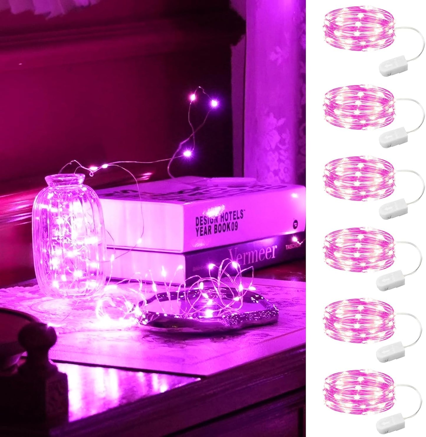 HXWEIYE 6 Pack Pink Fairy Lights Battery Operated, 7ft 20LED Mini Fairy Mason Jar Light, Waterproof Firefly Starry Lights for DIY Wedding Party Bedroom Patio Christmas Décor