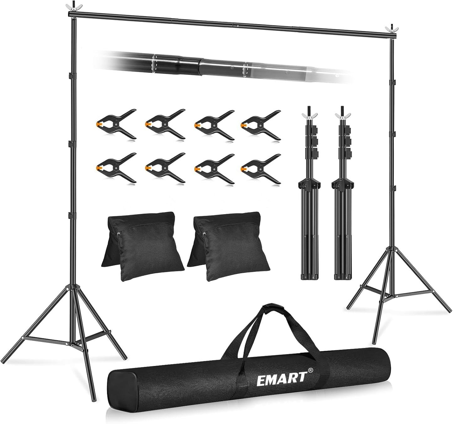 EMART Backdrop Stand 10x7.8ft(WxH) Photo Studio Adjustable Background Stand Support kit with 2 Crossbars, 8 Clamps, 2 Sandbags and Carry Bag for Parties, Events Decoration, Wedding, Photography