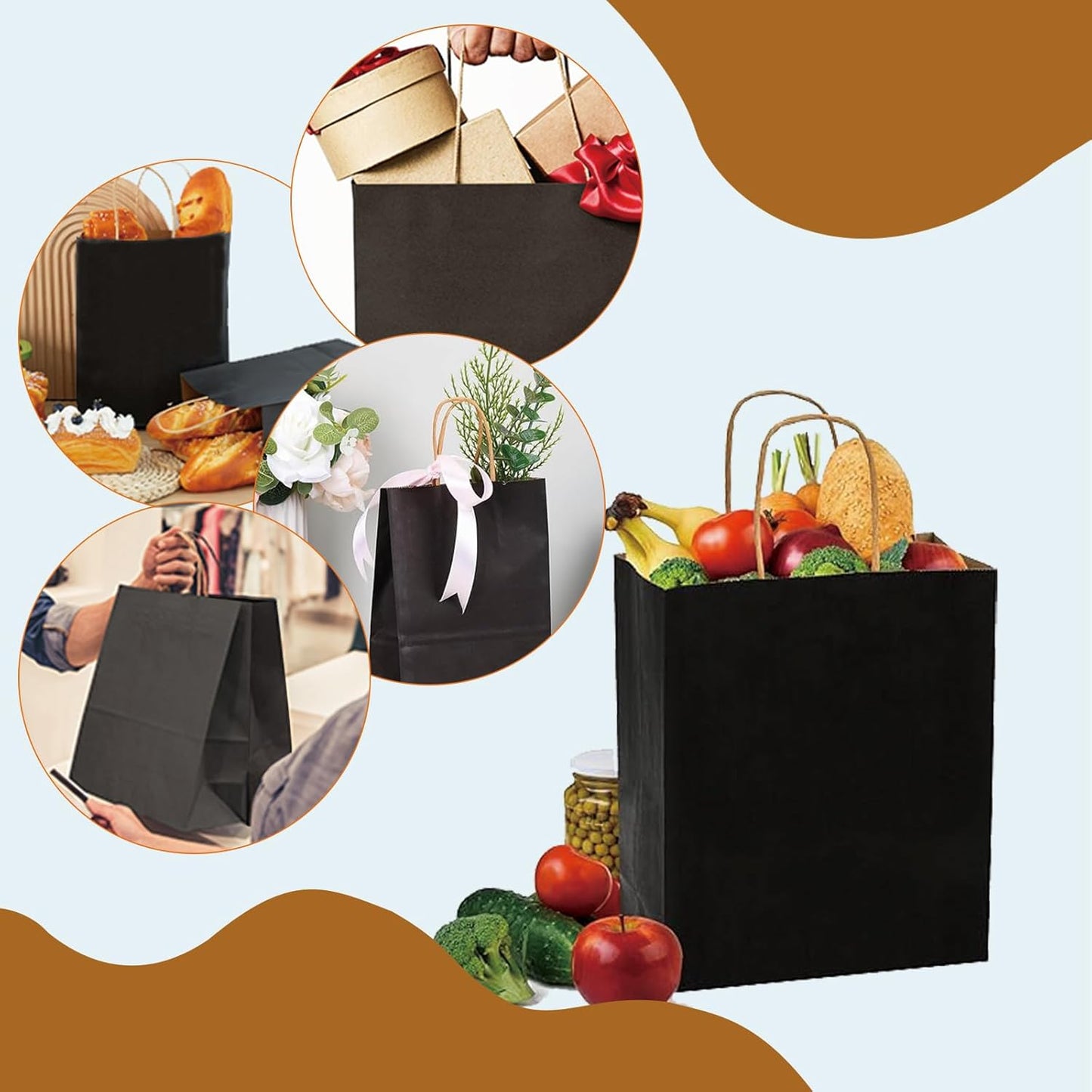 BAG BOX 50 Pack Small 5.9x3.1x8.25 Inch Black Kraft Paper Gift Bags with Handles for Bulk Shopping, Retail, Craft, Party Favors, Wedding, Grocery & Sacks