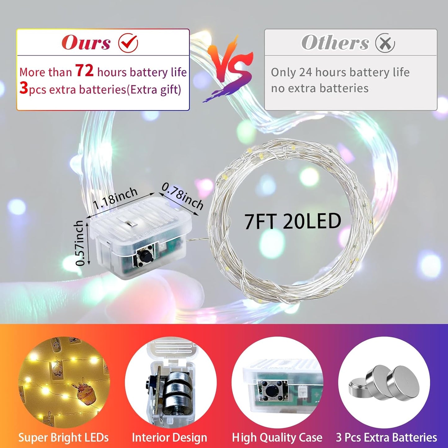 Fairy Lights 7Ft 20 LED Twinkle String Lights 3 Modes Battery Operated Waterproof Firefly Starry for Mason Jar Party Wedding Christmas Valentines Day Table Centerpieces(Rainbow,100 Pack)