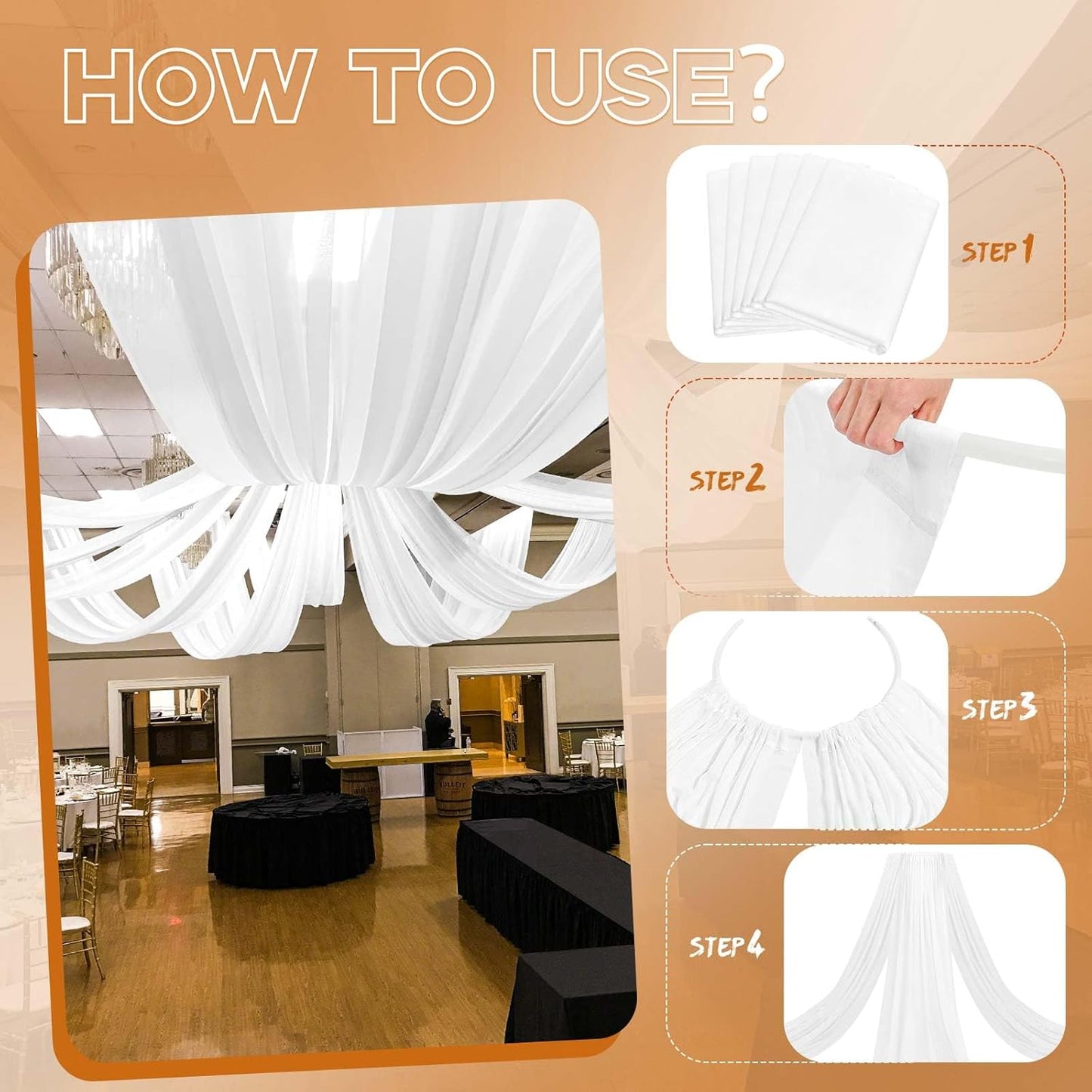 6-Panel White Ceiling Drapes - 5ftx40ft Sheer Curtains for Wedding Arch & Stage Decorations