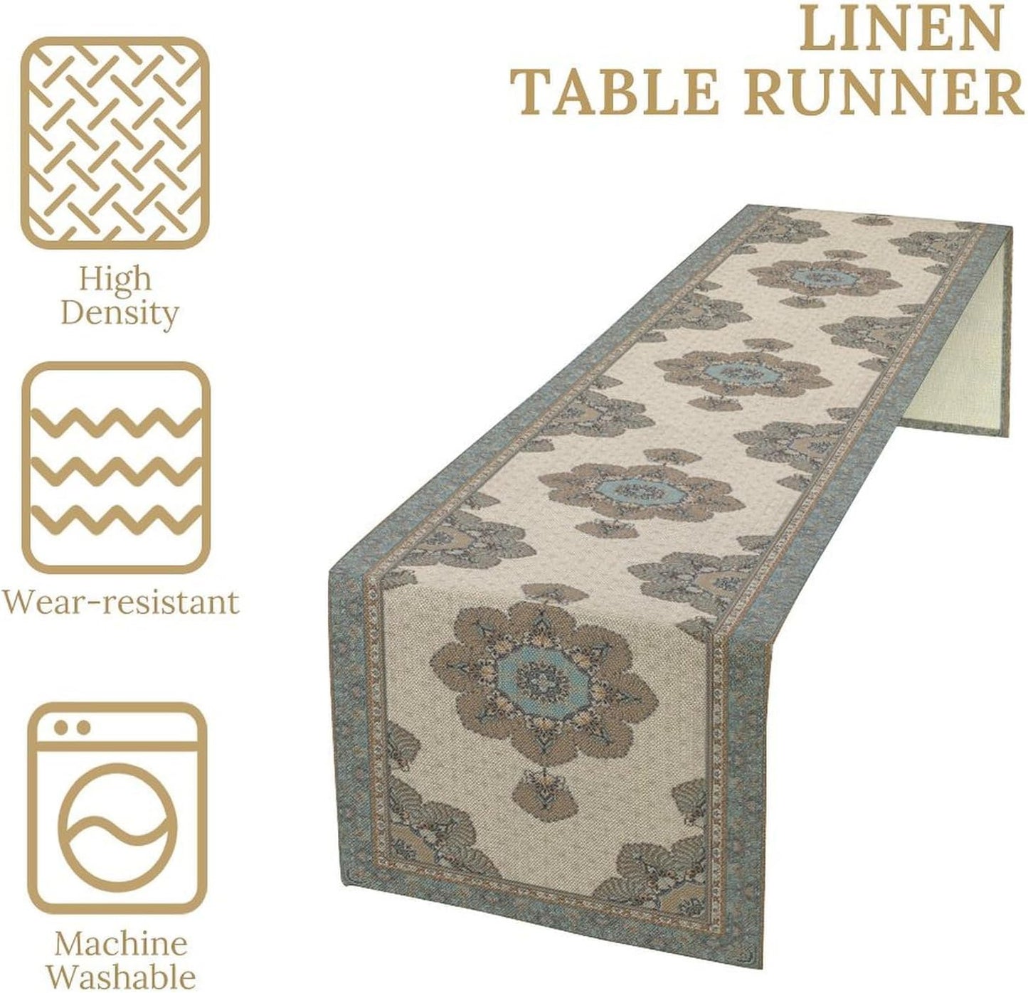 Boho Bohemia Style Table Runner, Vintage Teal Brown Retro Flower Rustic Country Style Floral Print Pattern for Home Kitchen Table Decor Dining Coffee Room Garden Party Decor 13x120in