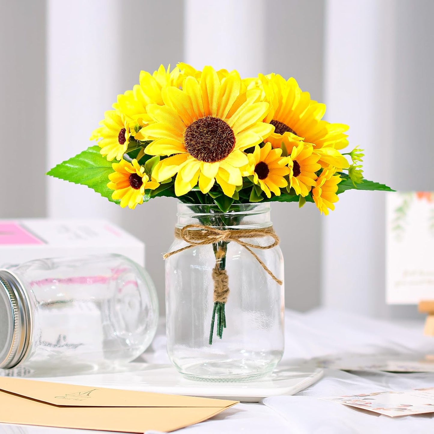 6 Set Centerpiece Table Decorations Mason Jar Table Centerpiece with Flower Mason Jar Wedding Centerpieces Vases Decor for Reception Engagement Party Bridal Shower (Sunflower)