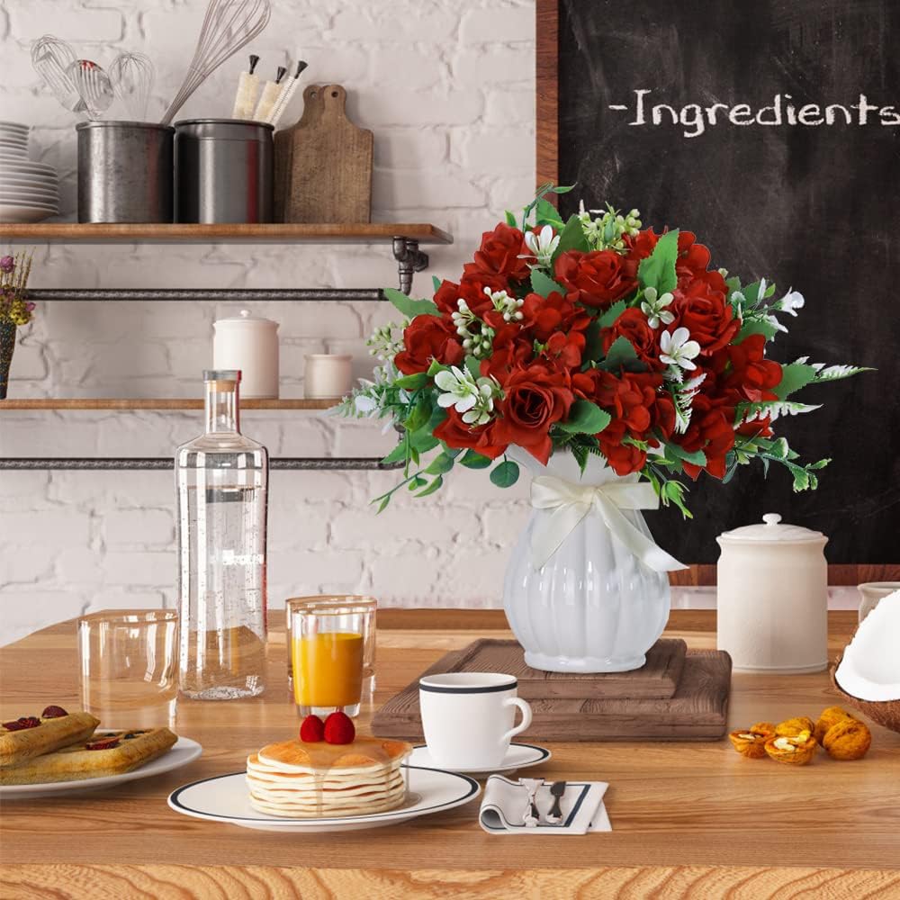 LESING Artificial Rose Silk Hydrangea Flowers Bouquets with Vase Rustic Fake Flowers for Home Decoration Table Centerpiece (Claret Red)