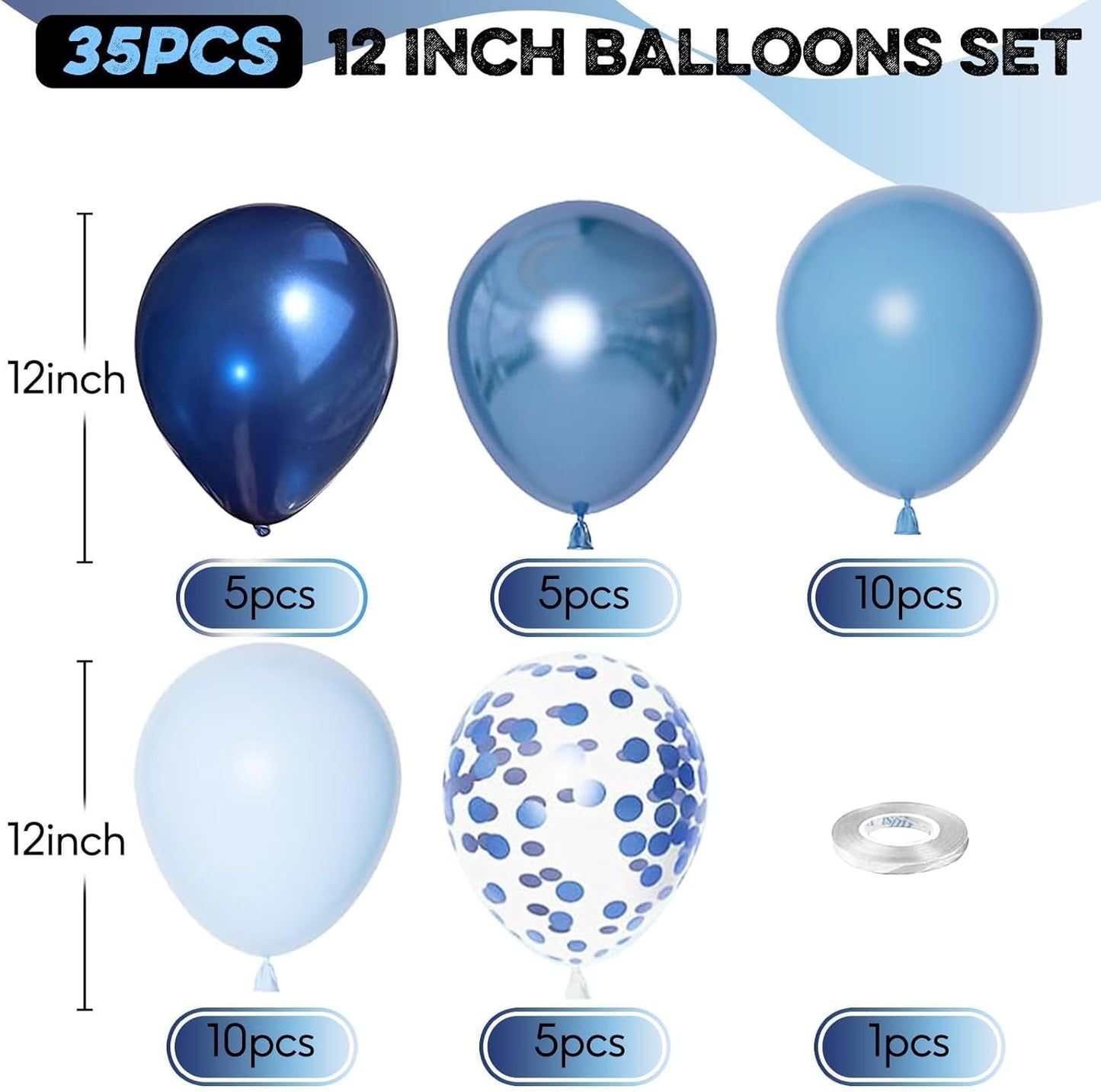 Blue Balloons, 12 Inch Double Stuffed Metallic Light Blue Mixed Latex Balloon, Chrome Dark Navy Confetti Helium Balloons for Boys Men Birthday Baby Shower Graduation Space Theme Party Decorations