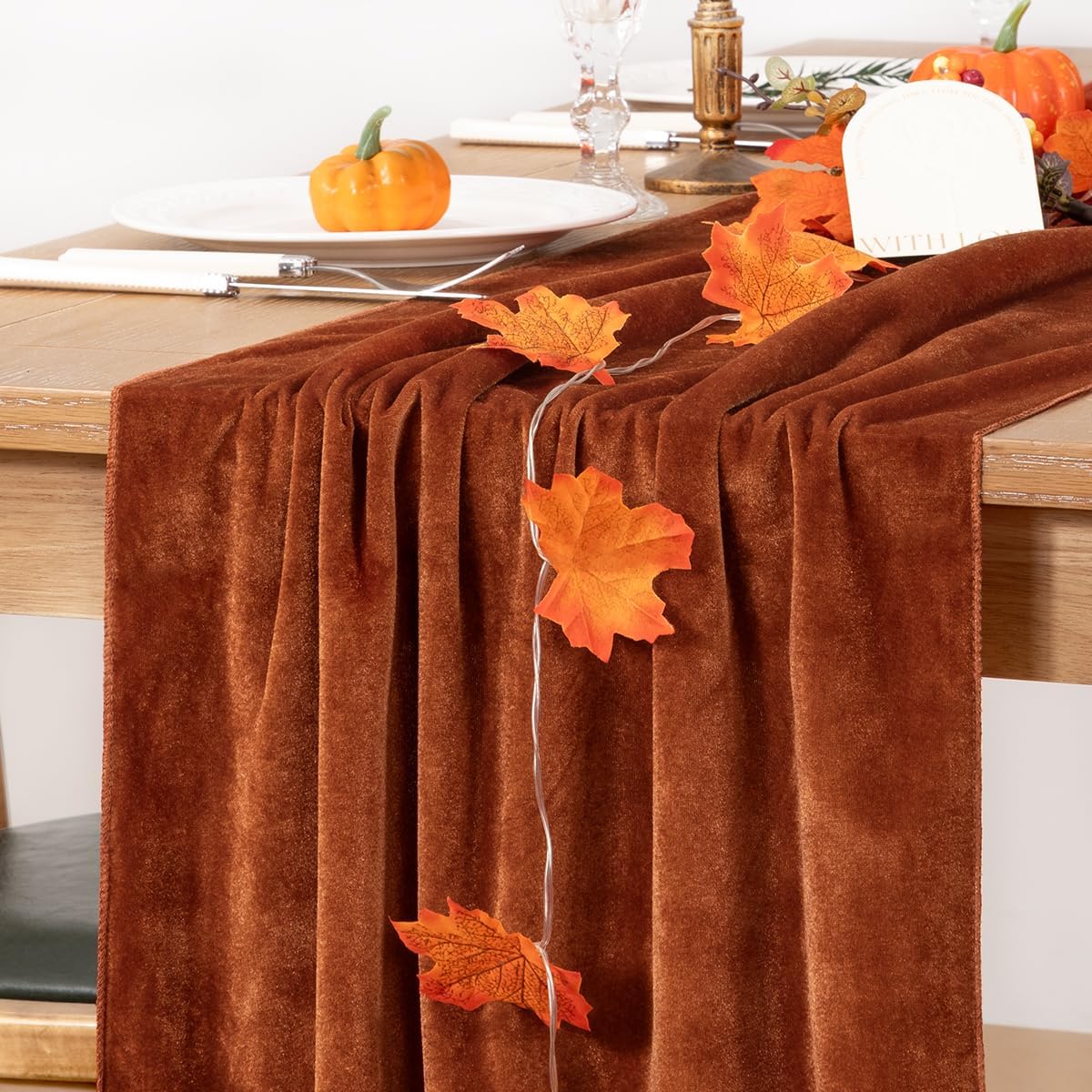 MLMC Terracotta Fall Thanksgiving Table Runner 10ft Luxury Rust Burnt Orange Velvet Table Runner Elegant Home Decor 20x120 Inches for Wedding Bridal Shower Birthday Party Home Decor