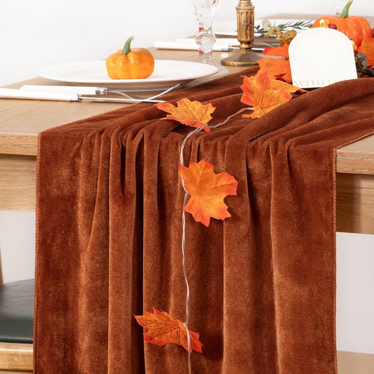 MLMC Terracotta Fall Thanksgiving Table Runner 10ft Luxury Rust Burnt Orange Velvet Table Runner Elegant Home Decor 20x120 Inches for Wedding Bridal Shower Birthday Party Home Decor