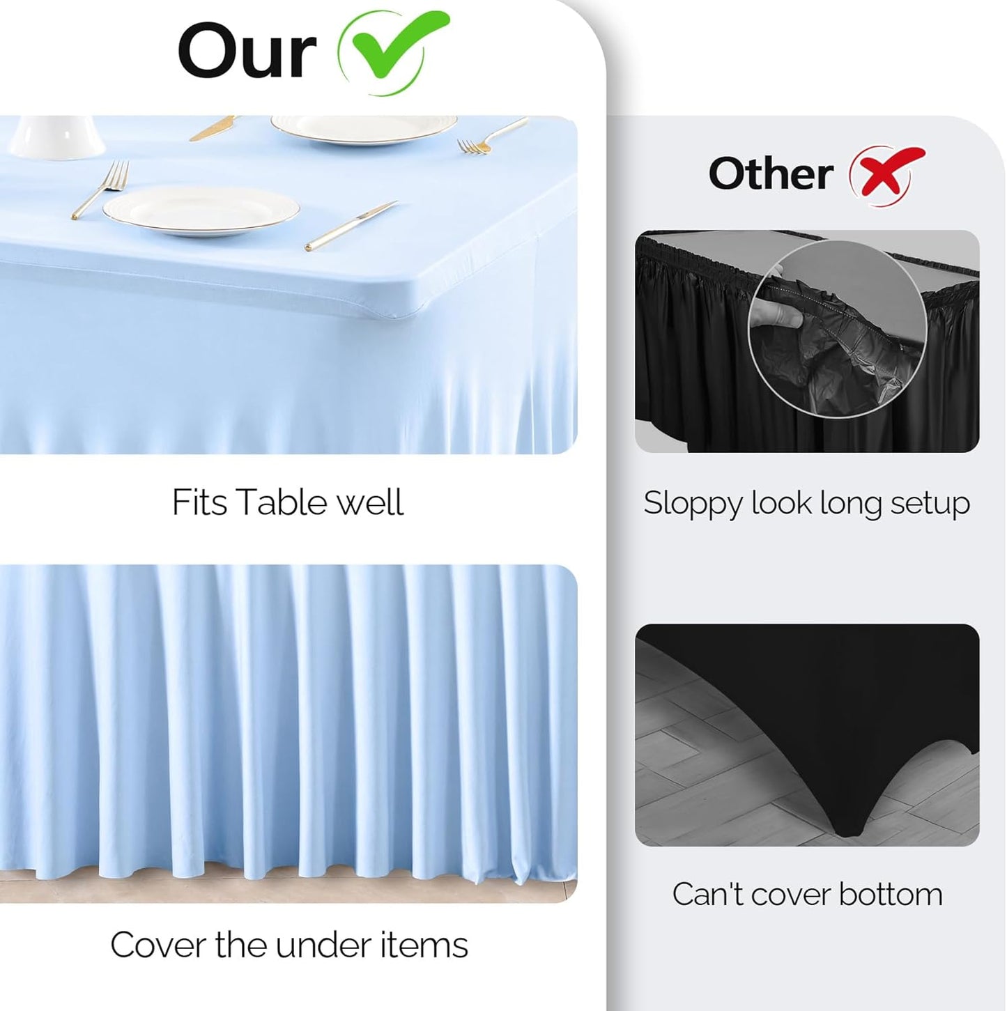 Wish Care 6 Pack Baby Blue Spandex Table Clothes for 8 Foot Rectangle Tables, 8FT Wrinkle Free Fitted Tablecloths Ruffles Design Table Cover for Party, Banquet, Wedding and Events