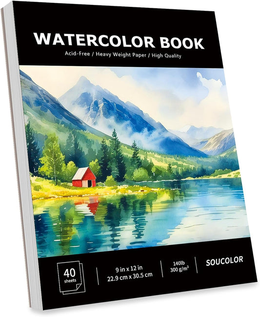 Soucolor Watercolor Paper Pad, 9"x12" Water Color Paper, 140lb/300gsm 40 Sheets Artist Painting Drawing Paper Book, Art Supplies for Adults Kids, Watercolor Paint Set, Sketchbook, Journal, Notebook