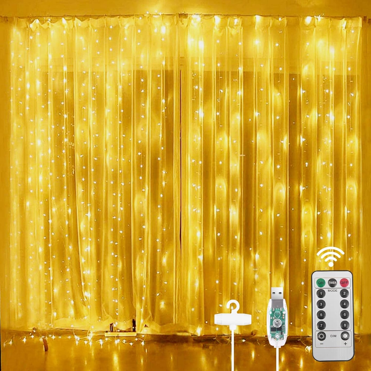 Vicloon Fairy Curtain Lights, Warm White LED 8 Mode 9.8x9.8Ft Waterproof Curtain String Lights for Indoor/Outdoor, Powered by USB with Remote Control