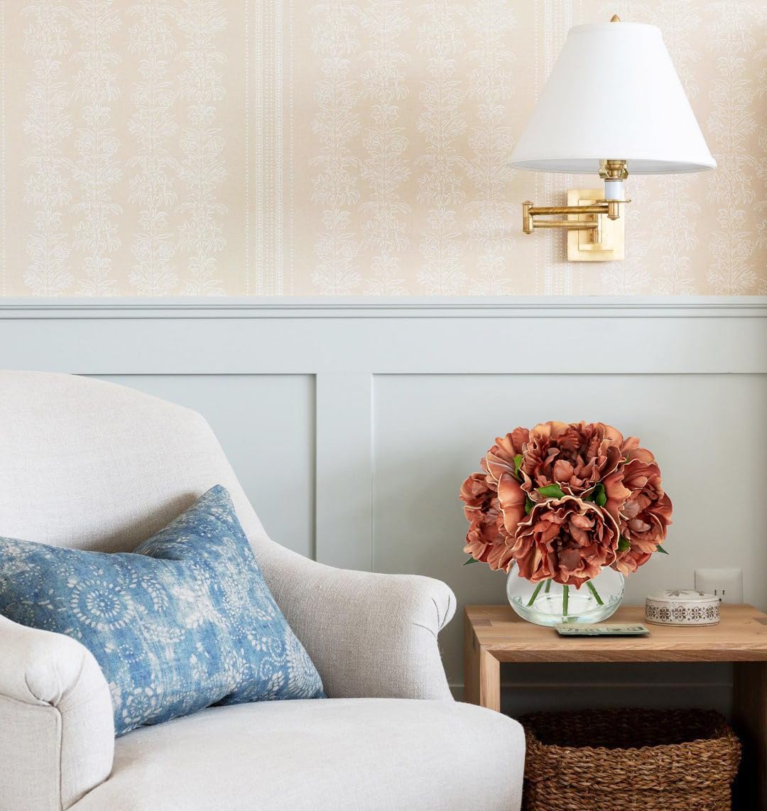 Hollyone Coffee Peonies with Vase Fall Flowers Artificial for Decoration Faux Flower Peony Fake Flowers Silk Flower Arrangements in Glass Vase with Faux Water Centerpiece Fall Decorations for Home