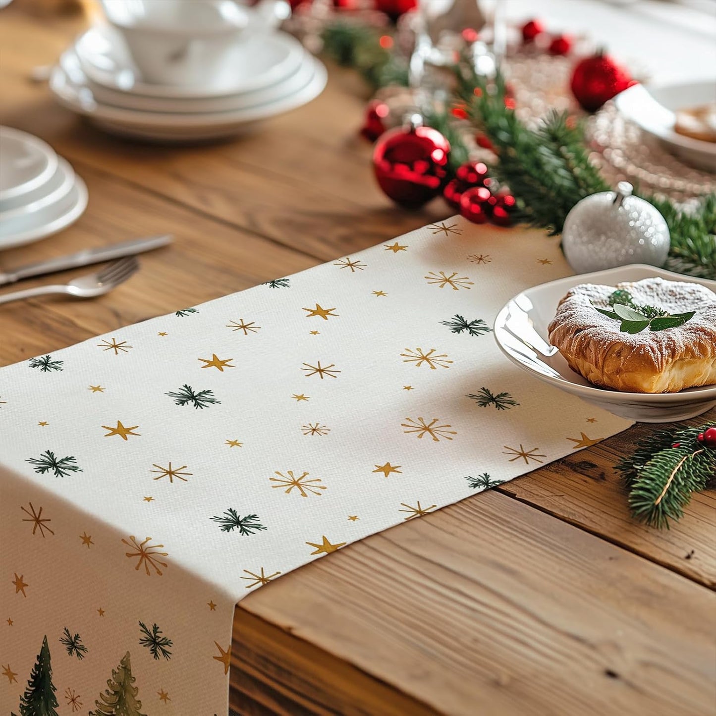 GEEORY Christmas Table Runner 13x48 Inch, Xmas Tees Snowflakes Holiday Decorative Farmhouse Table Decoration for Kitchen Dinning, Indoor Outdoor Dinner Party Decor (Light Green) GT166-48