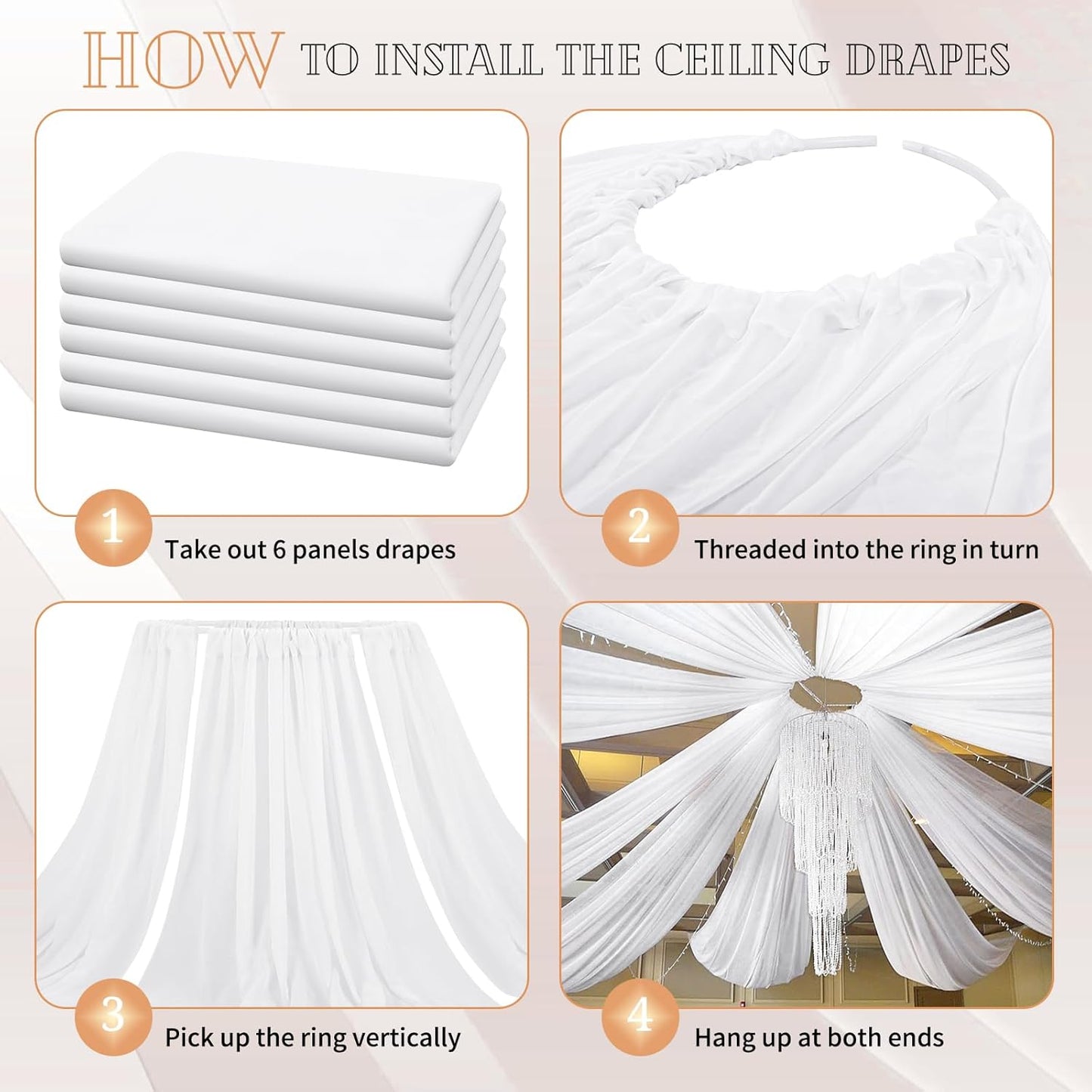 6 Panels White Ceiling Drapes for Wedding 5ftx40ft Sheer Drapery Chiffon Fabric Arch Draping Curtains for Party Ceremony Birthday Baby Shower Reception Stage Ceiling Decorations