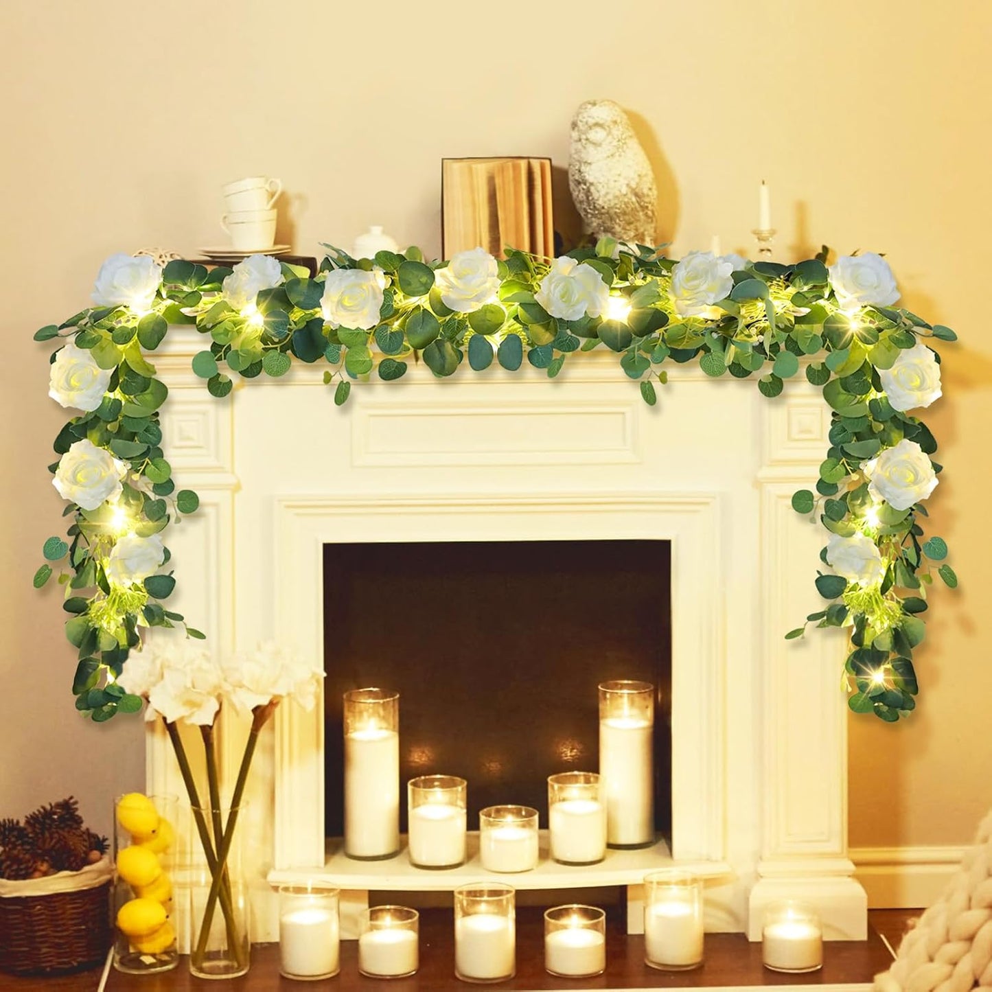 MACTING 6.6FT Flower Garland with Lights Fake Gypsophila Eucalyptus Garland with 12 White Roses Artificial Floral Greenery Vine for Wedding Arch Table Centerpieces Backdrop Party Summer Decorations