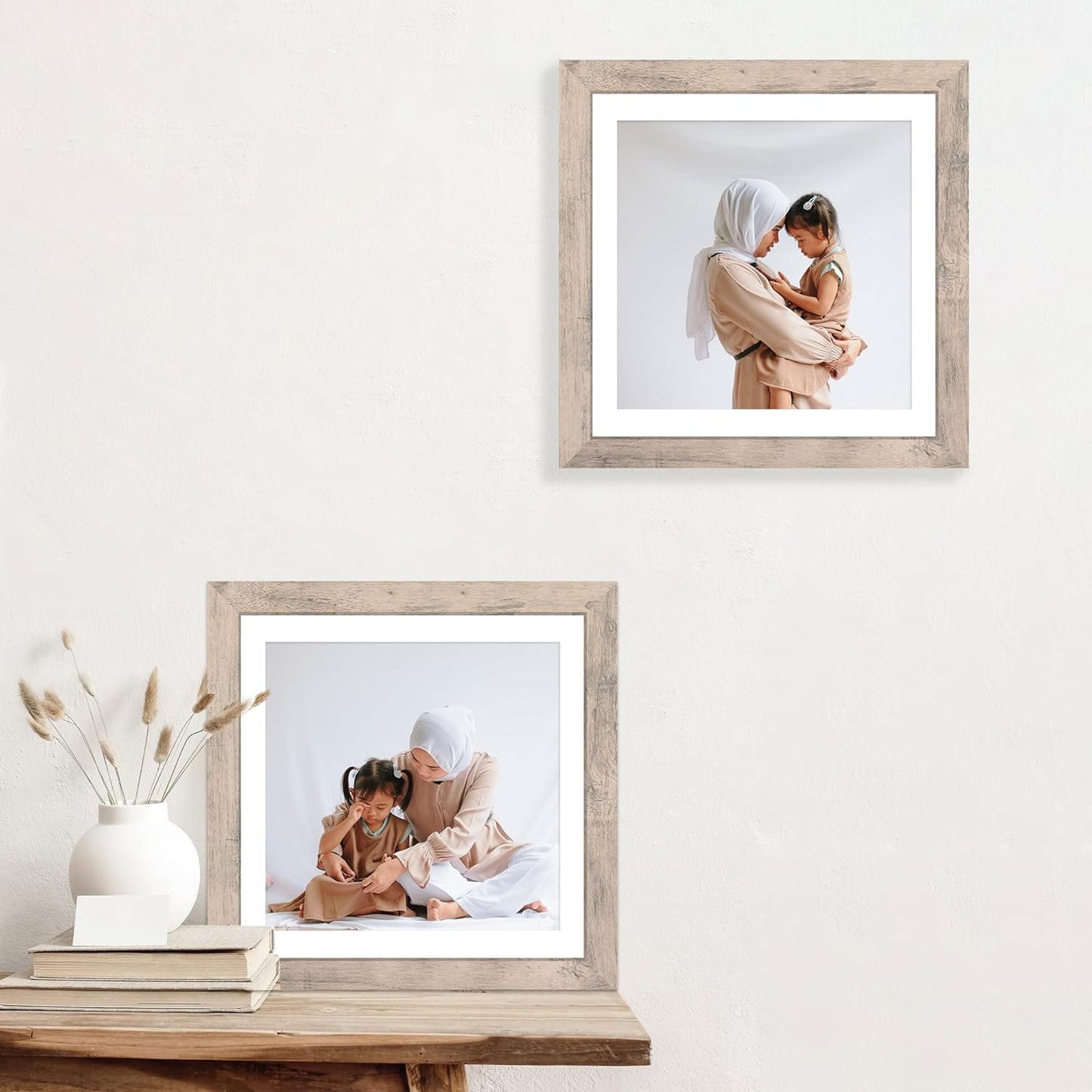 12x12 Picture Frame Set of 4 with Tempered Glass, Smoke Gray Frame Display 10x10 Picture with Mat or 12 x 12 Without Mat, Wood Square Photo Frames for Desktop Display and Wall Mounting