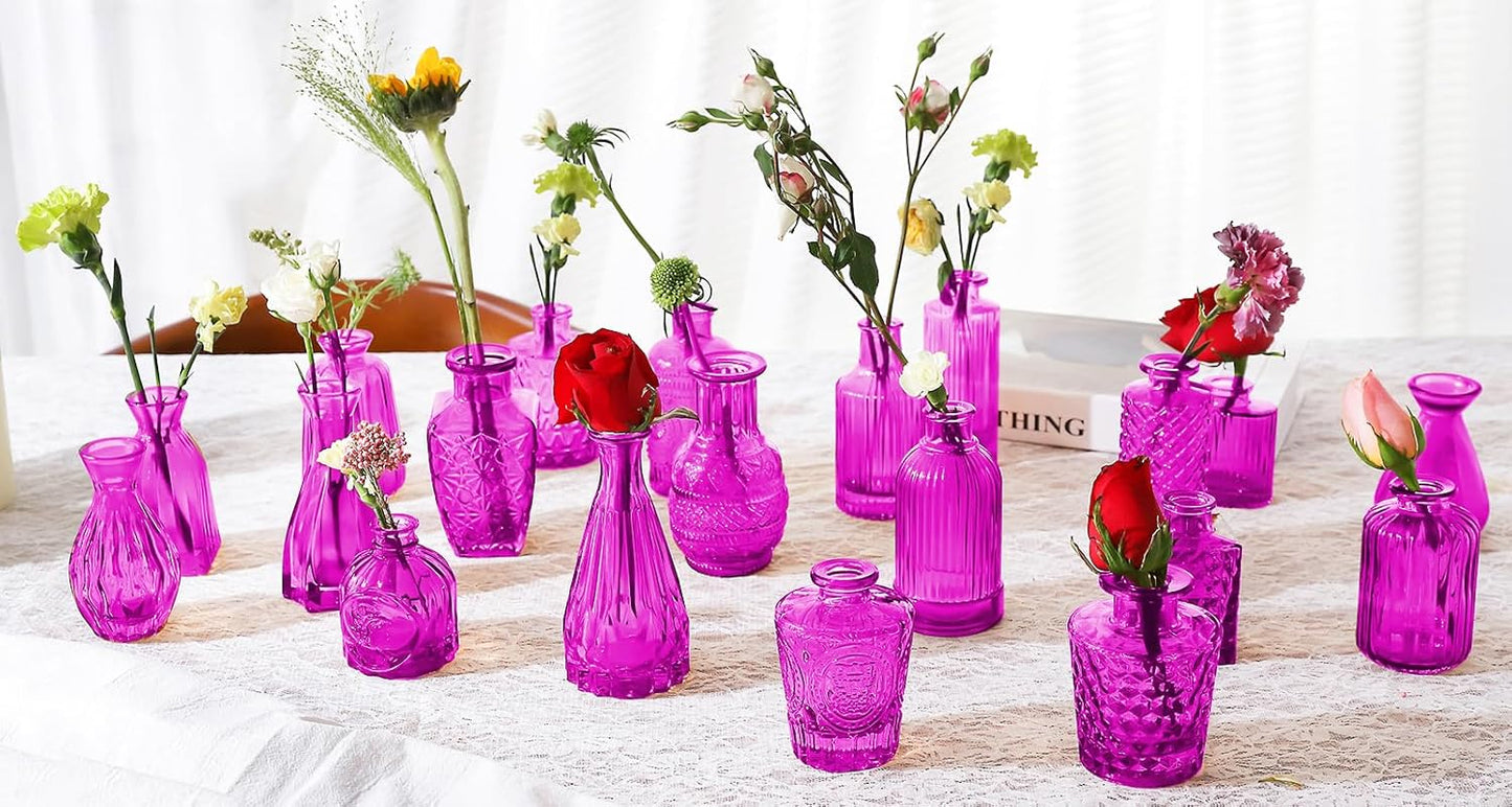 Glass Bud Vases Set of 24, Purple Vintage Small Vases for Flowers, Mini Glasses in Bulk, Small Flower Design for Centerpieces Wedding Decorations Home Flower Party Decor