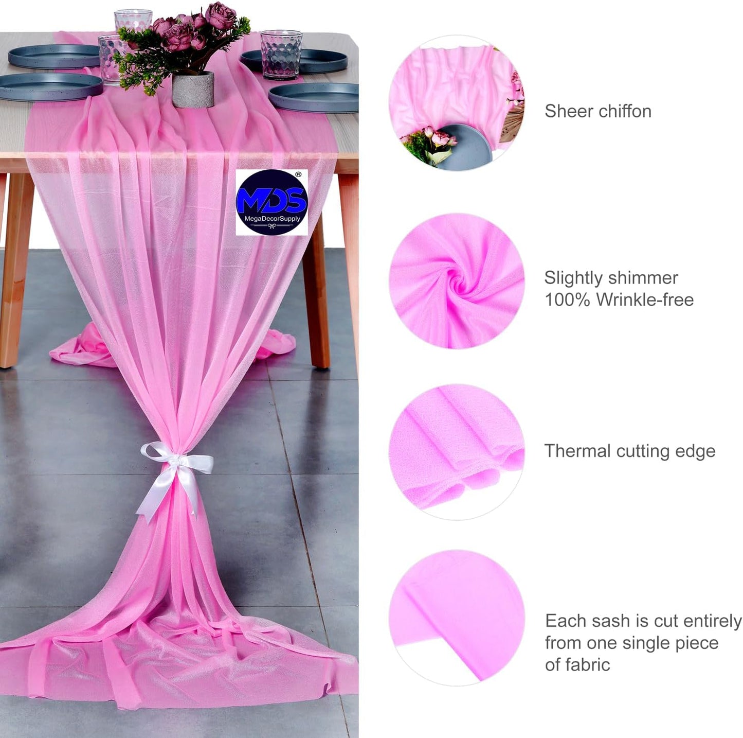 MDS 15 Pack 10ft Chiffon Table Runner 29 x 120 Inches Sheer Wedding Runner Romantic Rustic Table Runner for Wedding Decorations, Birthday Parties, Bridal Shower Party Arch Decor - Bubblegum Pink