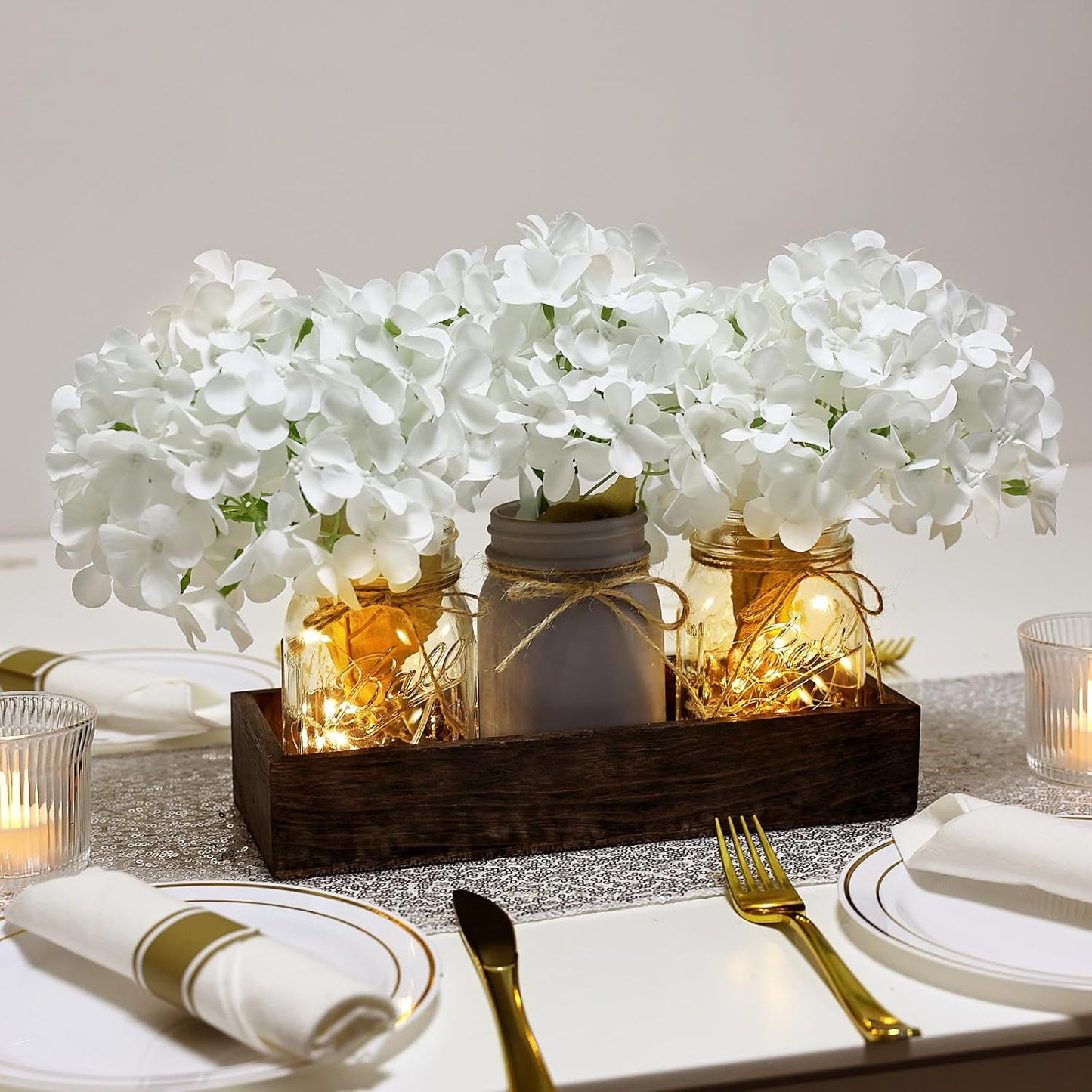 Mason Jar Lights Centerpiece Table Decor for Dining Room Farmhouse Coffee Table Decor with Wood Tray Fairy Lights Fake Hydrangea Flowers for Kitchen Living Dining Room - White