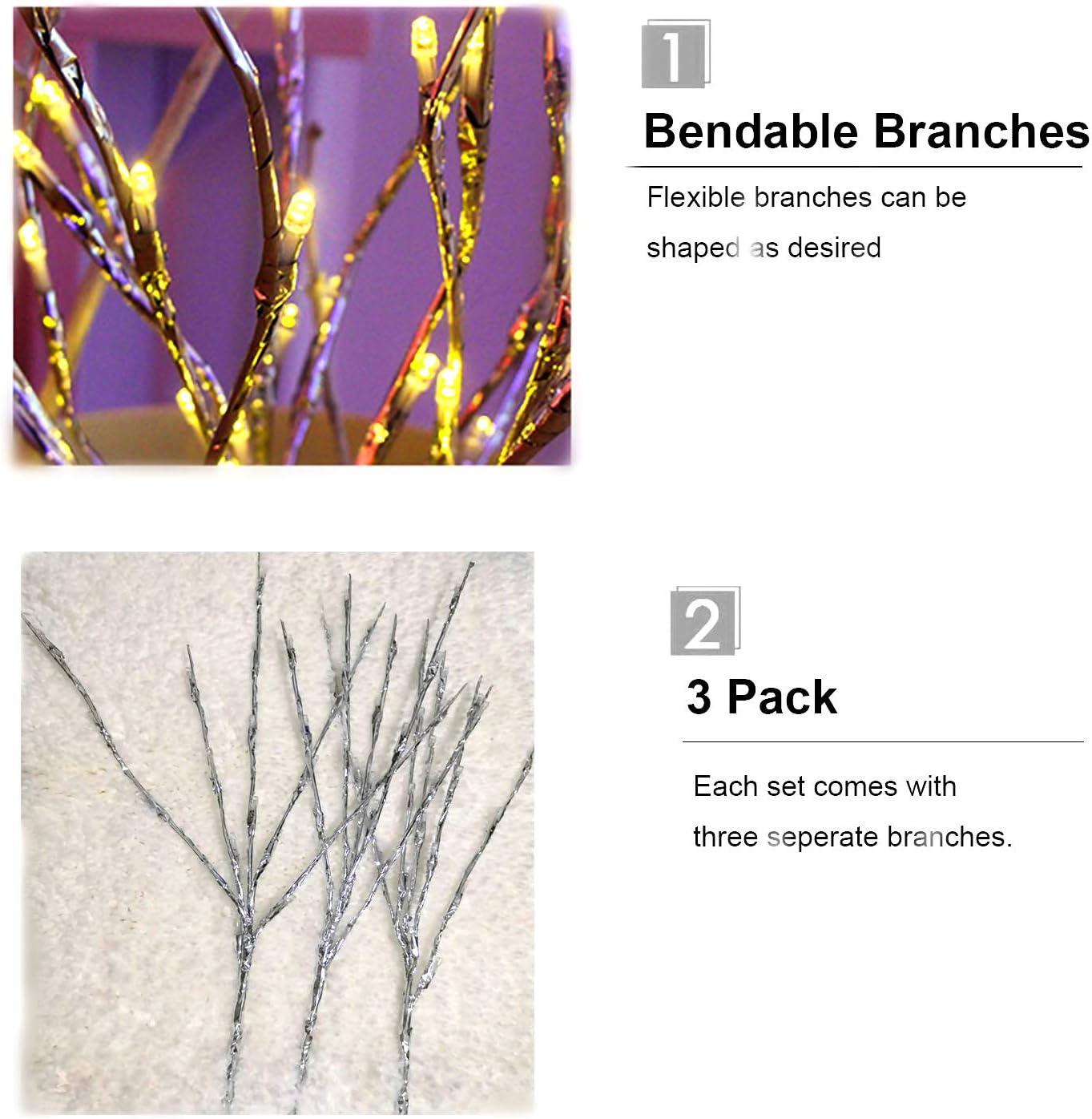 Autohigh 3-PK Lighted Branches 60 LEDs Warm White Lighting Artificial Willow,Battery Operated,Silver Decoration for Living Room Bedroom Livingroom,Home