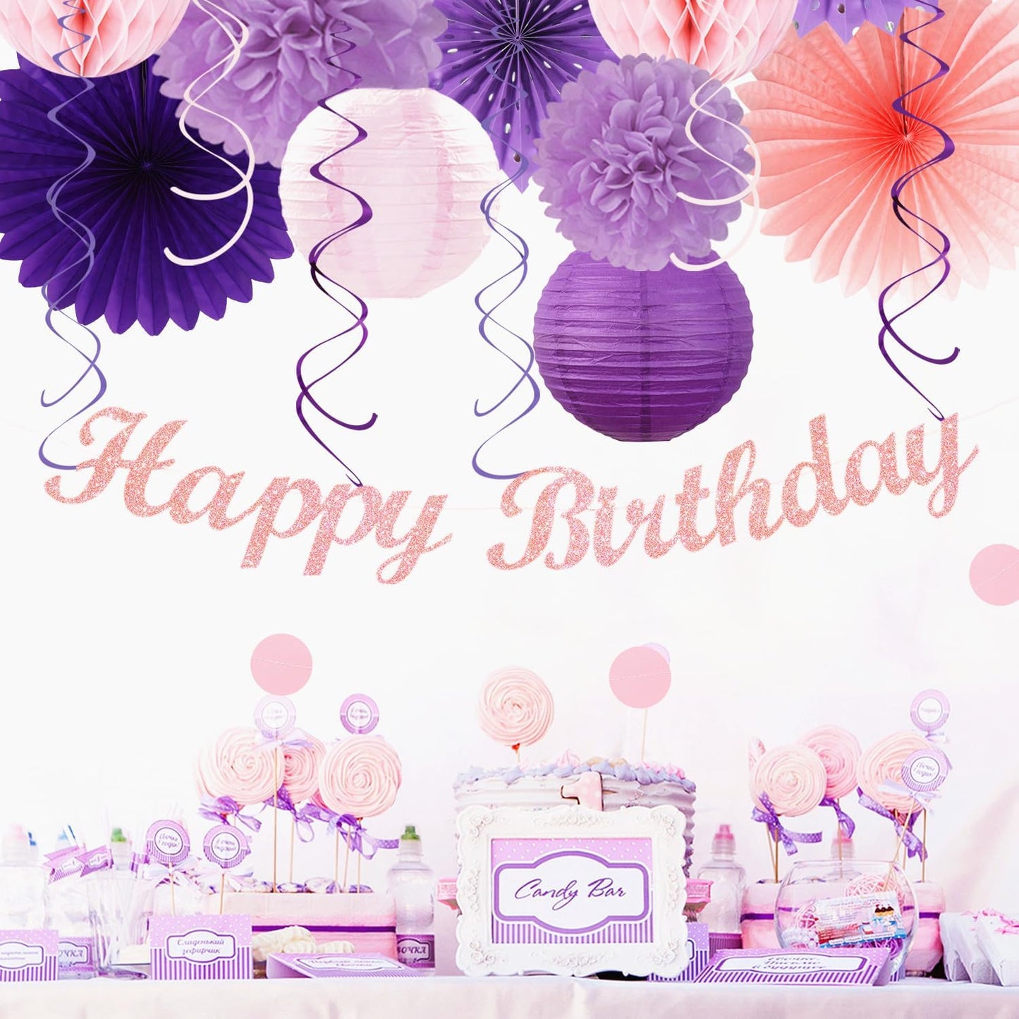 Purple Lilac-Lavender Pink Women Birthday Party-Decorations - 21pcs Happy Banner,Paper Lanterns Honeycomb,Tissue Pom Poms Flower Fan,Classroom Hanging Streamers Garland,Girls Decor Supplies Huglony