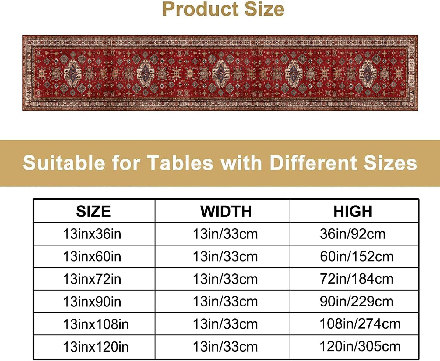 Boho Floral Vintage Table Runner, Retro Red Brown Flower Rustic Country Farmhouse Abstract Pattern for Home Kitchen Table Decor Dining Coffee Room Party Decor 13x90in