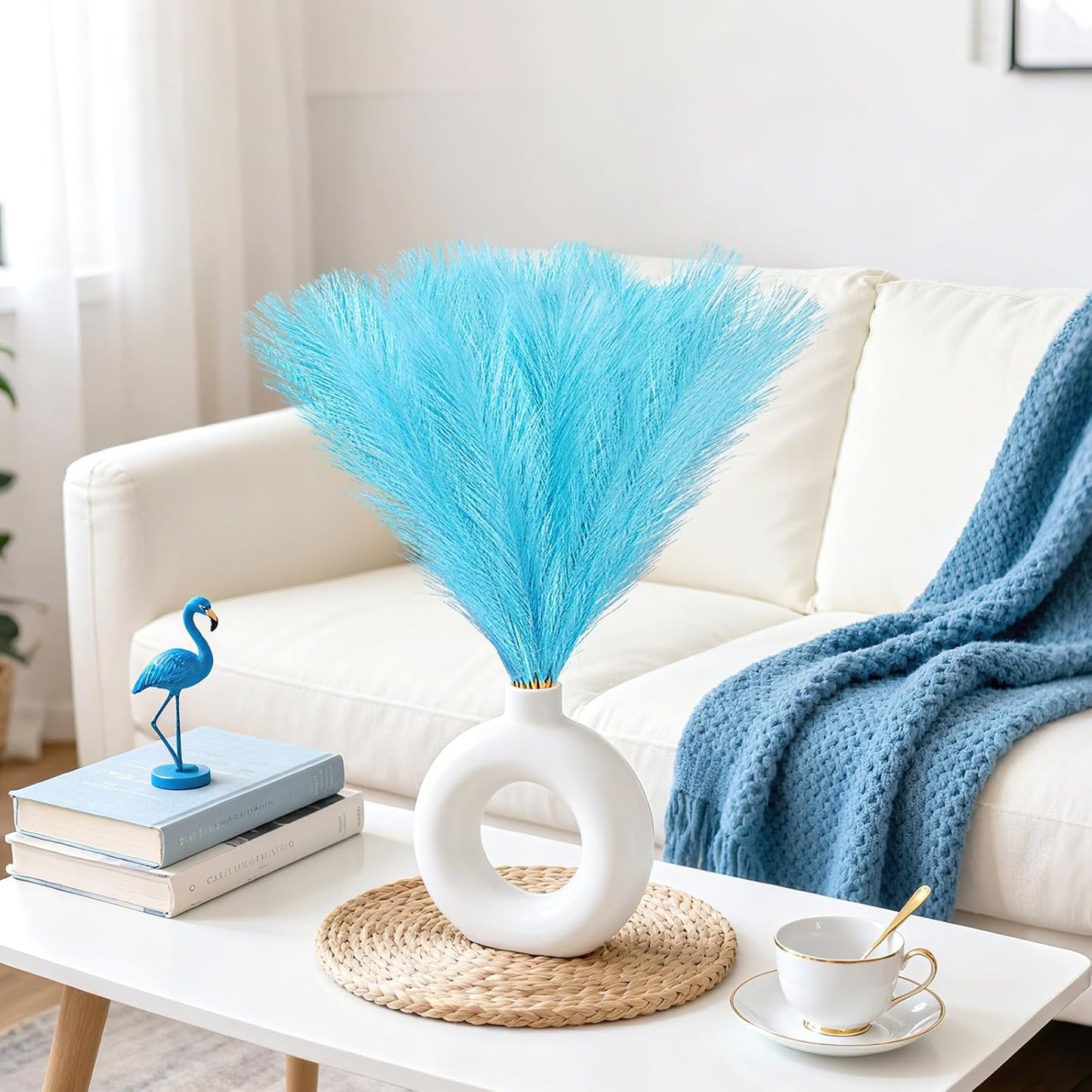 50pcs Faux Pampas Grass, 21.6" Short Artificial Pompous Grass Branches for Vase Filler Home Table Centerpieces Wedding Decor (Light Blue)