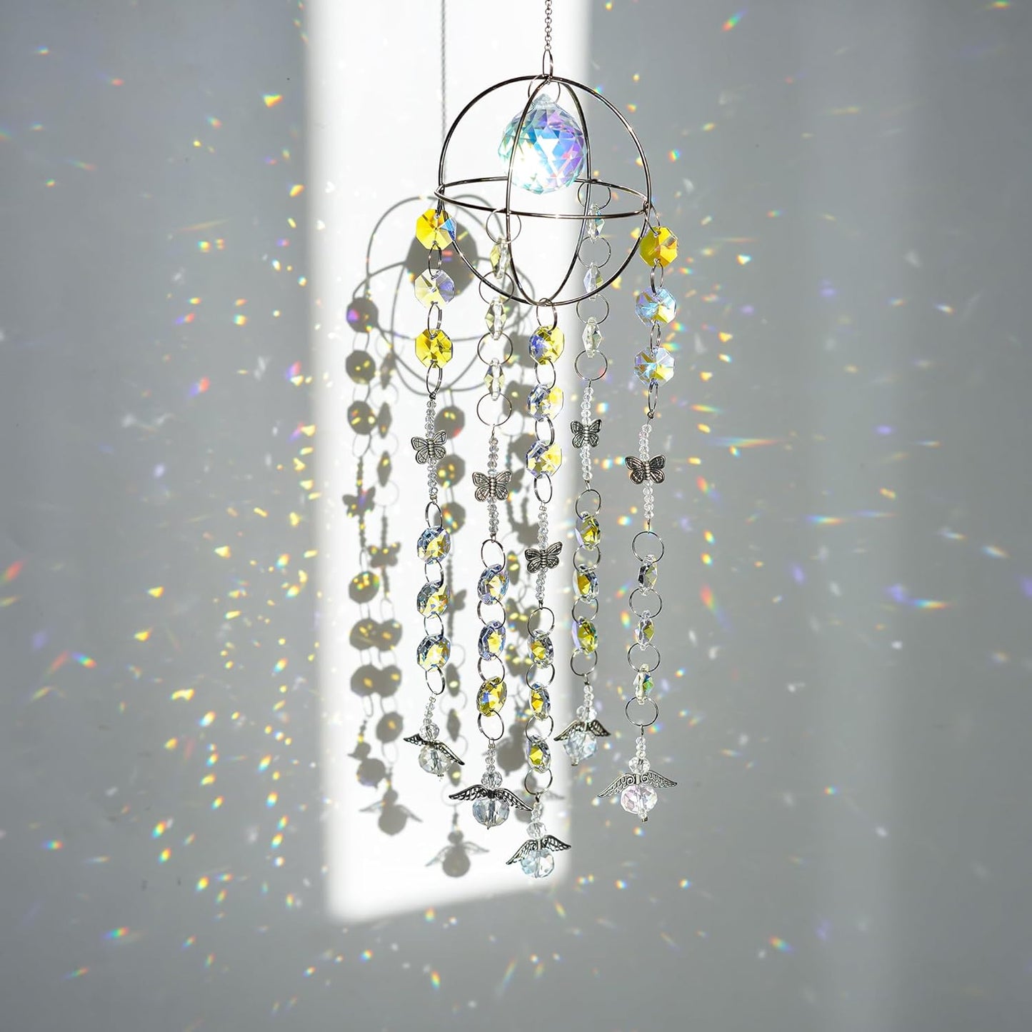 Garden Suncatcher Crystal Pendant Round Shaped Glass Prisms Beads Chain Hanging Angel Ornament Rainbow Maker Aura Prism Glass Crystal Sun Catchers