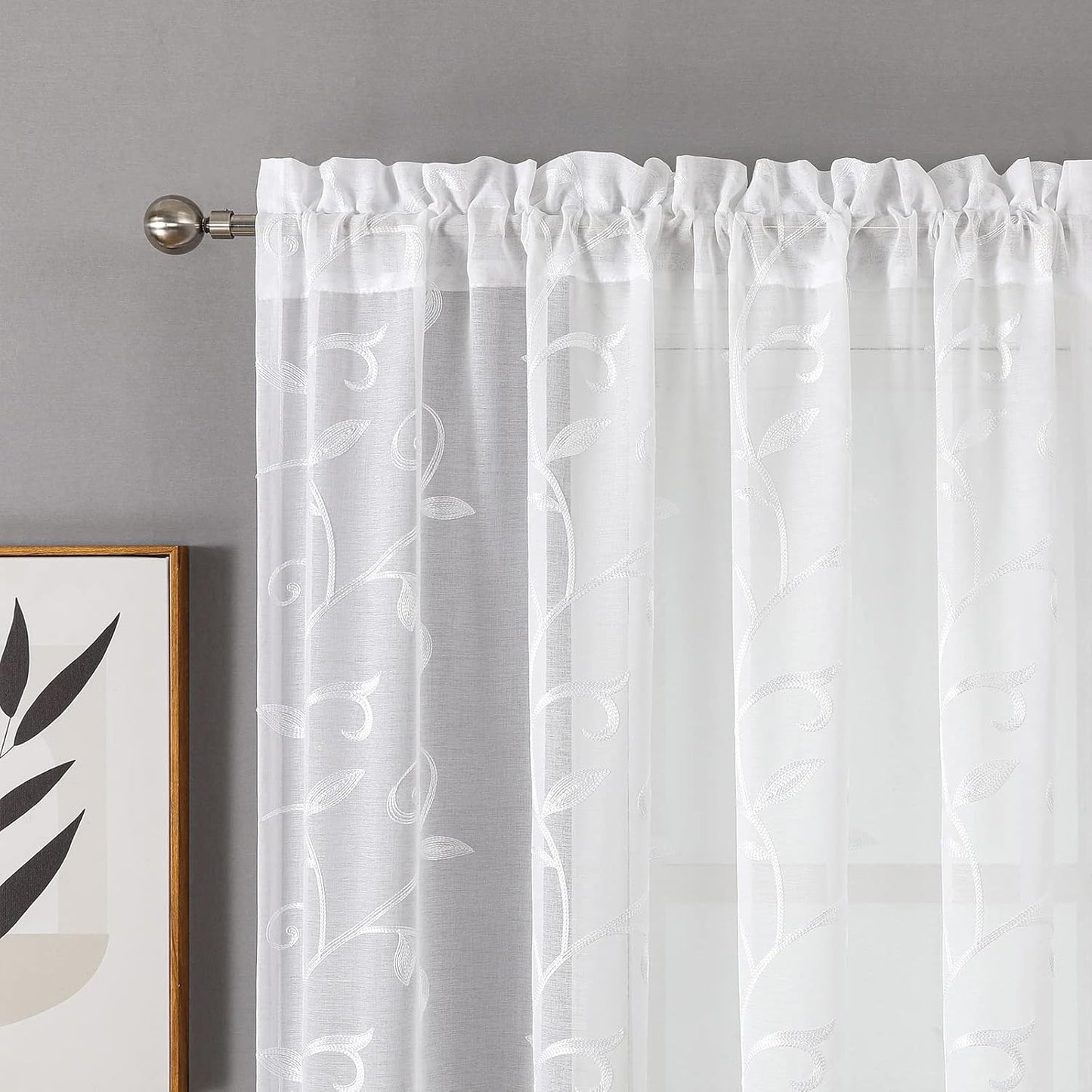 VISIONTEX White Leaves Sheer Voile Curtains, Decorative Embroidery Rod Pocket Window Drapes for Home Living Room and Bedroom 54 x 84 Inch, Set of 2 Curtain Panels