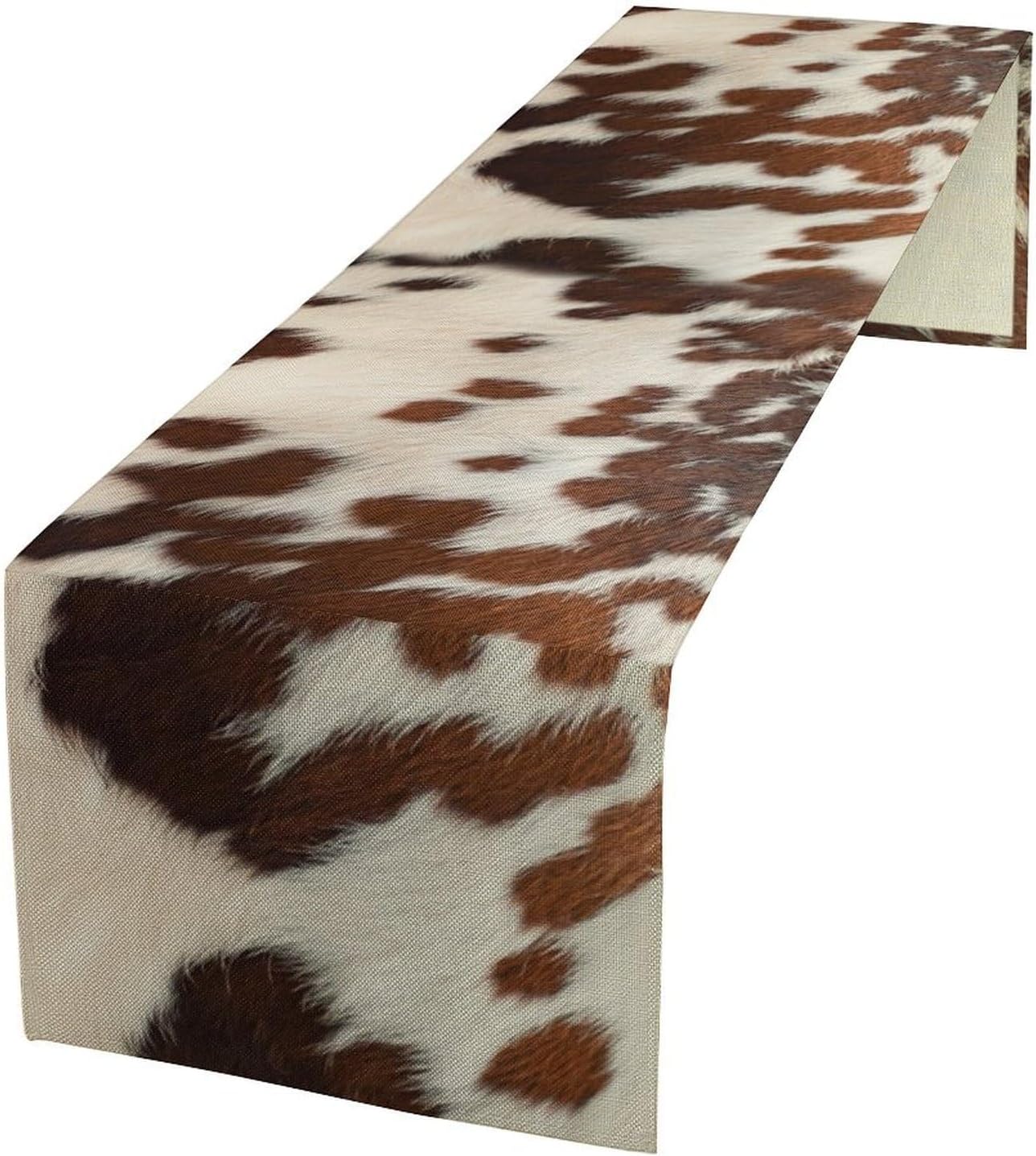 Farmhouse Cow Skin Print Table Runner, Safari Wildlife Brown Country Farm Cowhide Pattern Cotton Linen Rustic Cottage Table Runner for Dinning Home Party Holidays Home Setting, 13x70 Inch
