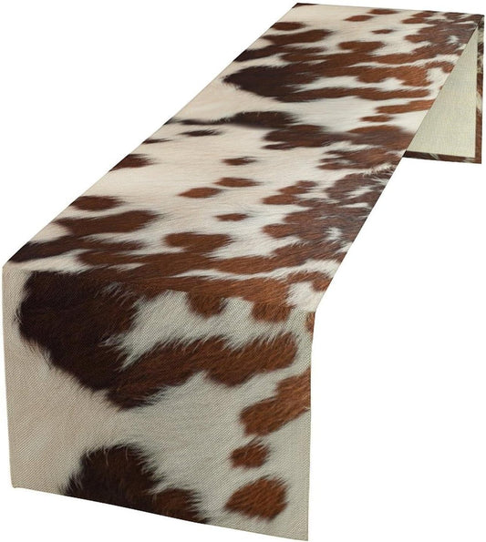 Farmhouse Cow Skin Print Table Runner, Safari Wildlife Brown Country Farm Cowhide Pattern Cotton Linen Rustic Cottage Table Runner for Dinning Home Party Holidays Home Setting, 13x90 Inch