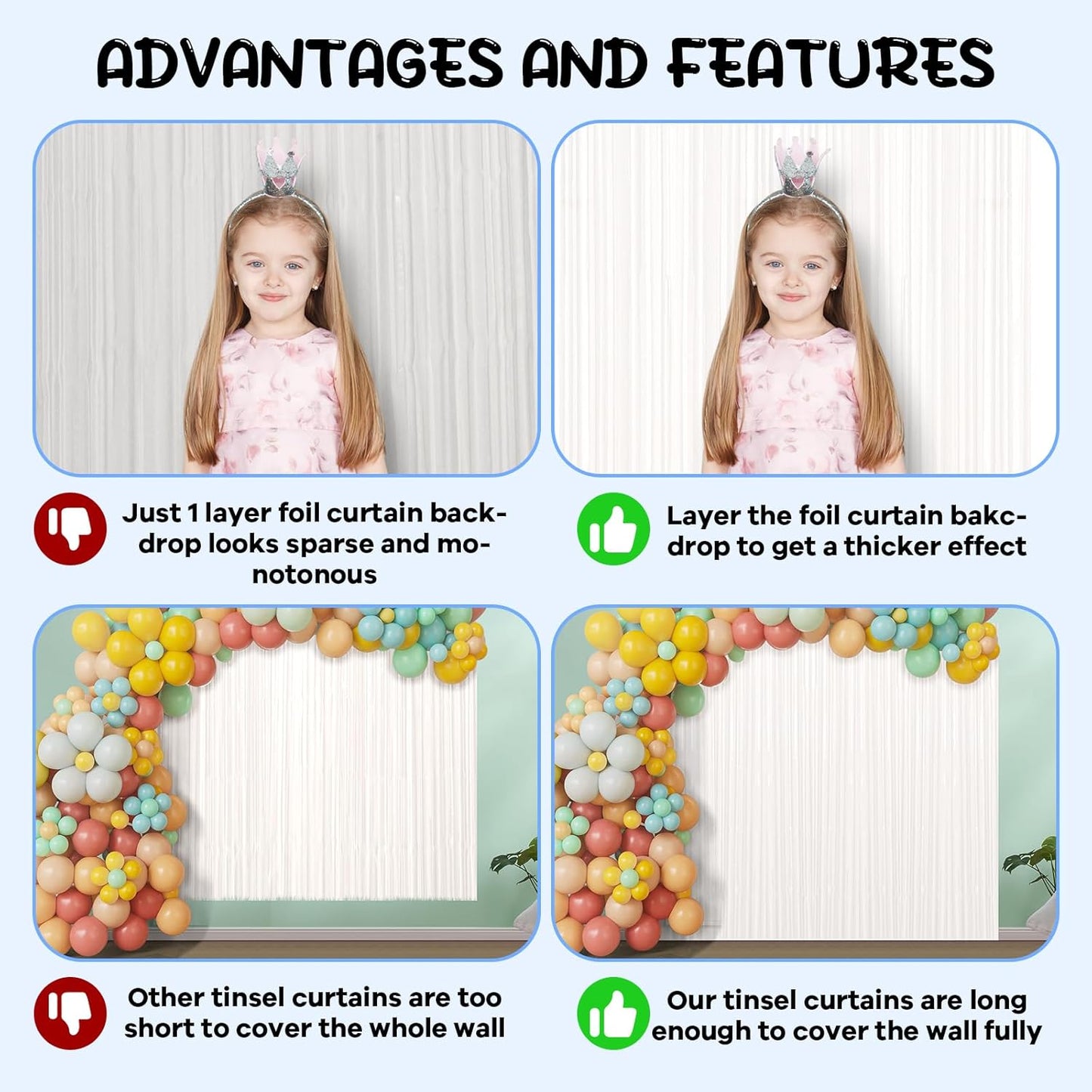 2 Pack White Foil Fringe Backdrop Curtains, Tinsel Streamers Birthday Party Decorations, Fringe Backdrop for Graduation, Baby Shower, Gender Reveal, Disco Party