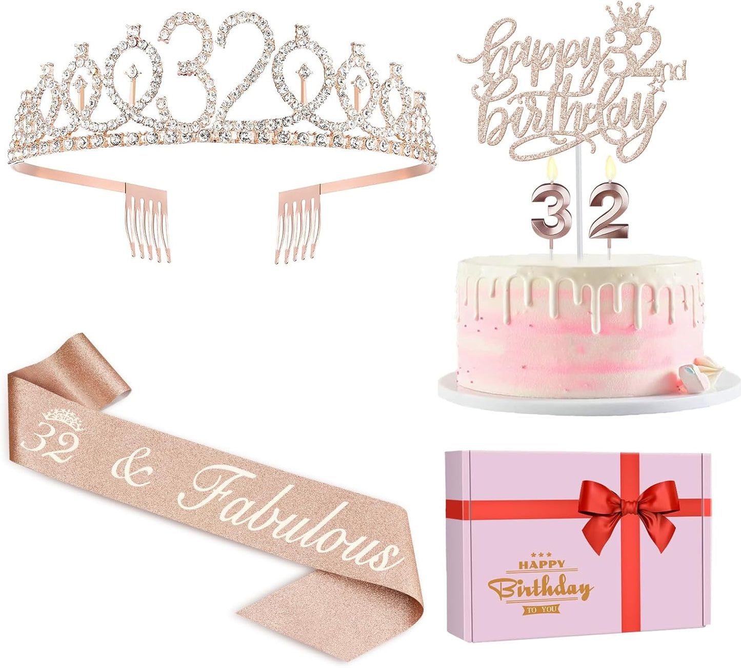 32 Birthday Decorations for Women Including Birthday Sash, Crown/Tiara, Candles and Cake Topper, 32 Year Old Gifts for Women, Rose Gold Party Decor Supplies