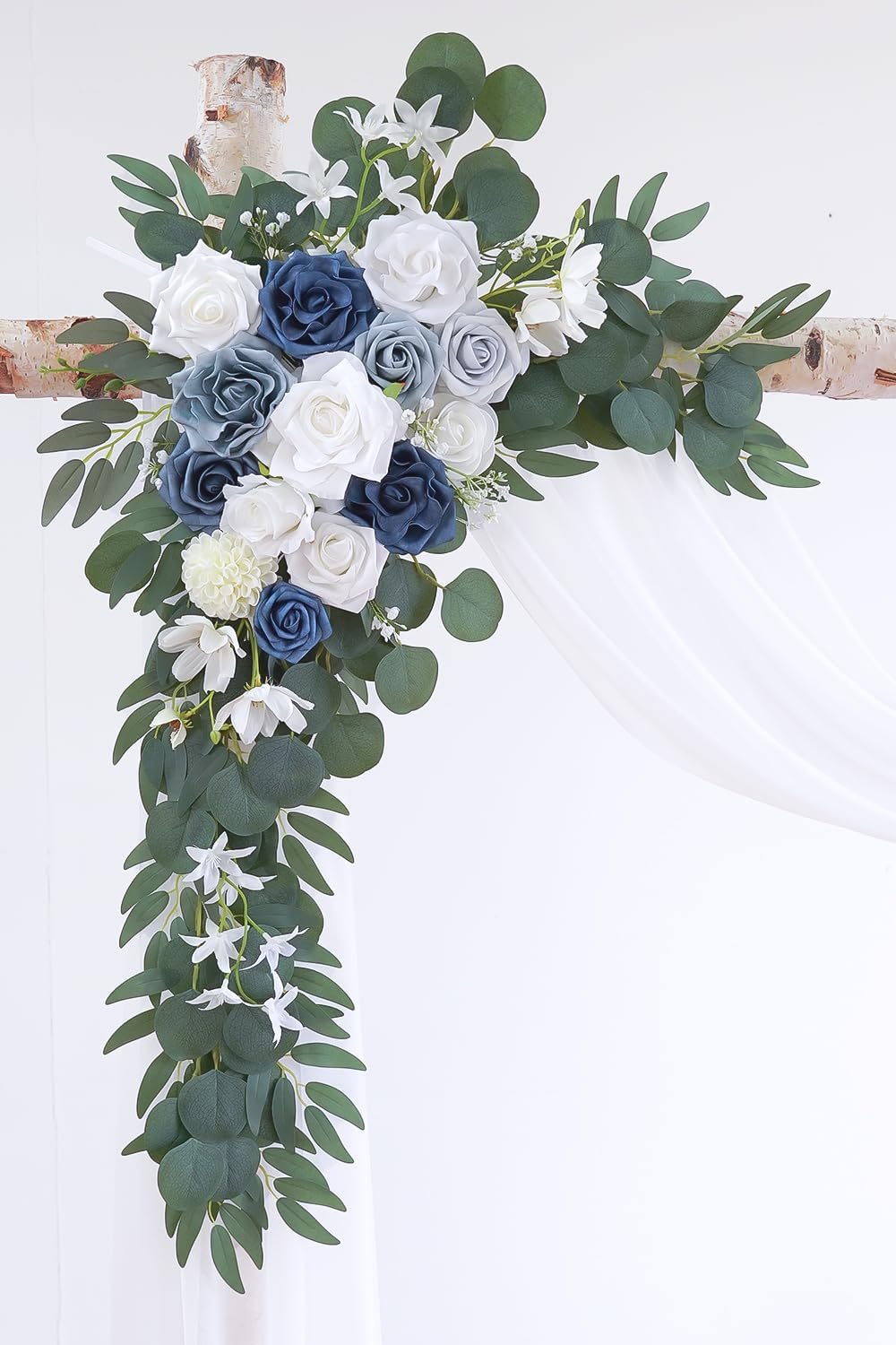 Dusty Blue Artificial Wedding Arch Flowers Kit (Pack of 3) with 26Ft White Shiny Arch Draping Fabric for DIY Wedding Party Ceremony Reception Backdrop Floral Decoration