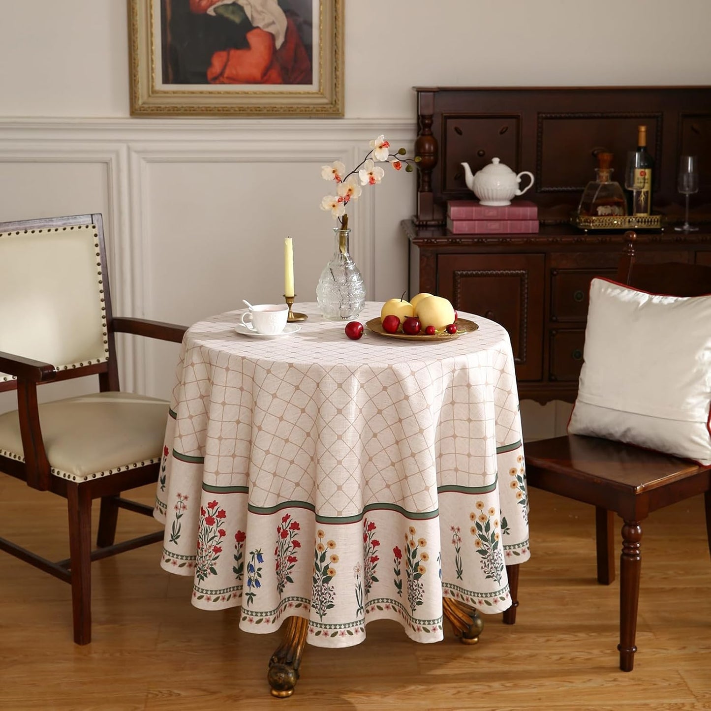 ISAENNE Designer Vintage Linen Floral Small Round Tablecloth,Fall Colorful Modern Table Cloth,Anti-Wrinkle Decor Tablecloths for Dining Thanksgiving Kitchen Christmas,Diameter 55"-Bertina E