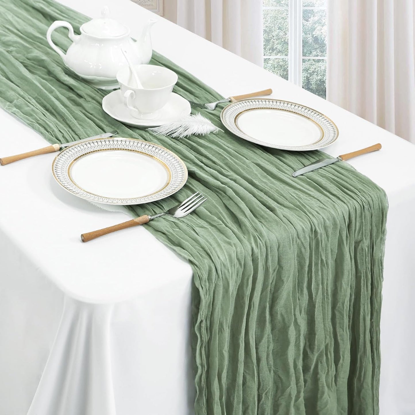 12 Pack Sage Green Cheesecloth Table Runner 10ft Boho Gauze Fabric Cheese Cloth Table Runner 35 x 120 Inch Rustic Sheer for Romantic Wedding Decor Baby Shower Party Table Centerpiece Decoration