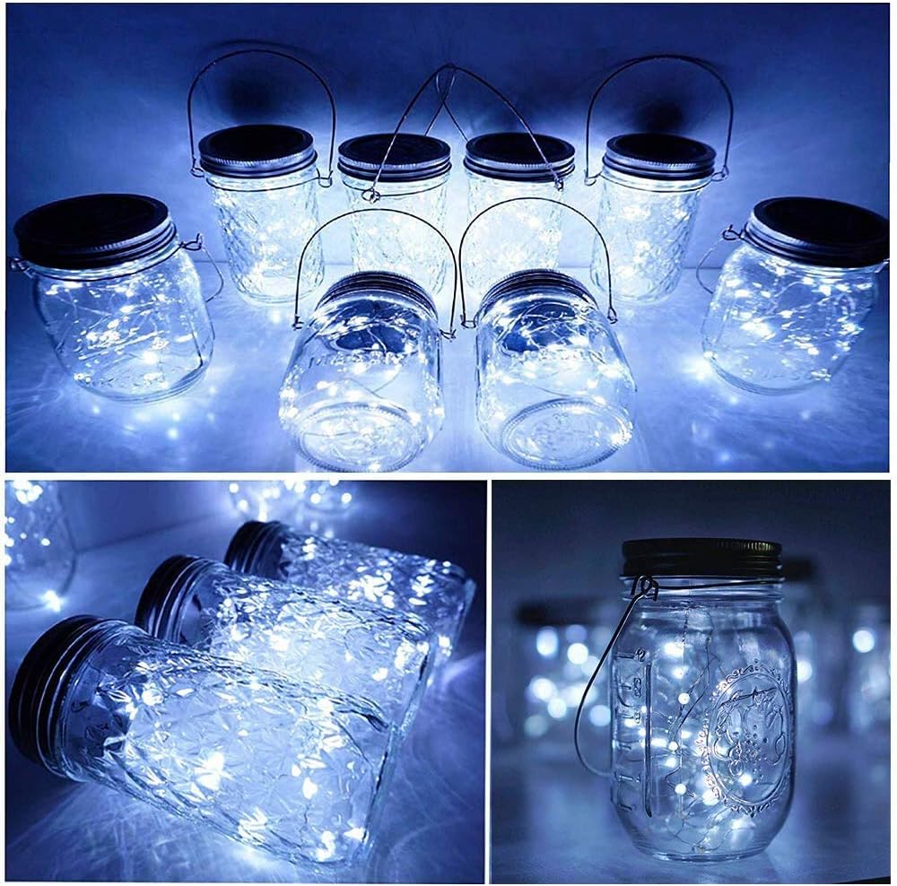 SunKite Solar Mason Jar Lights, 12 Pack 30 LED Waterproof Fairy Firefly Jar Lids String Lights with Hangers(NO Jars), Patio Yard Garden Wedding Decoration - Cool White