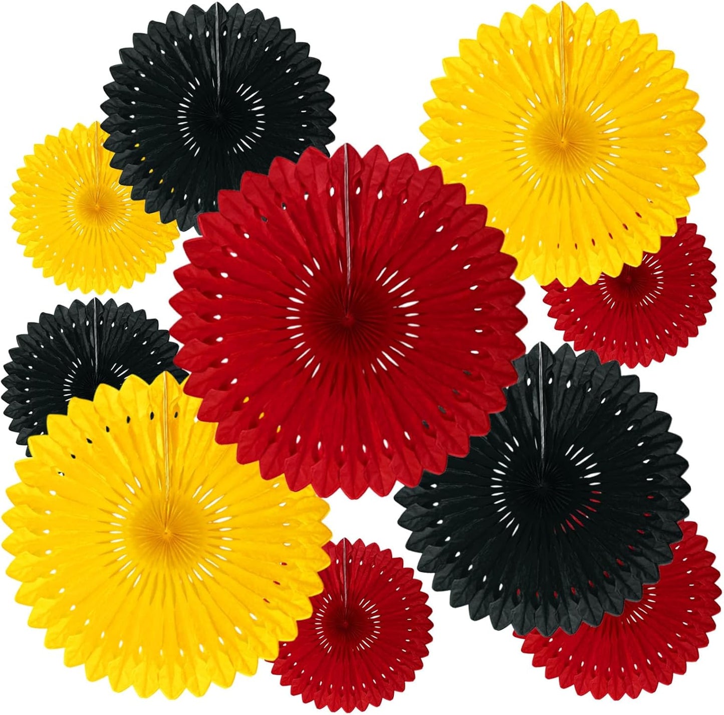 18 Pcs Black Red Yellow Hanging Honeycomb Paper Fans, Round Paper Fan Decorations for Weddings, Birthdays, Bachelorette, Photo Booth Backdrops, Baby Shower, Anniversary Events Party Supplies