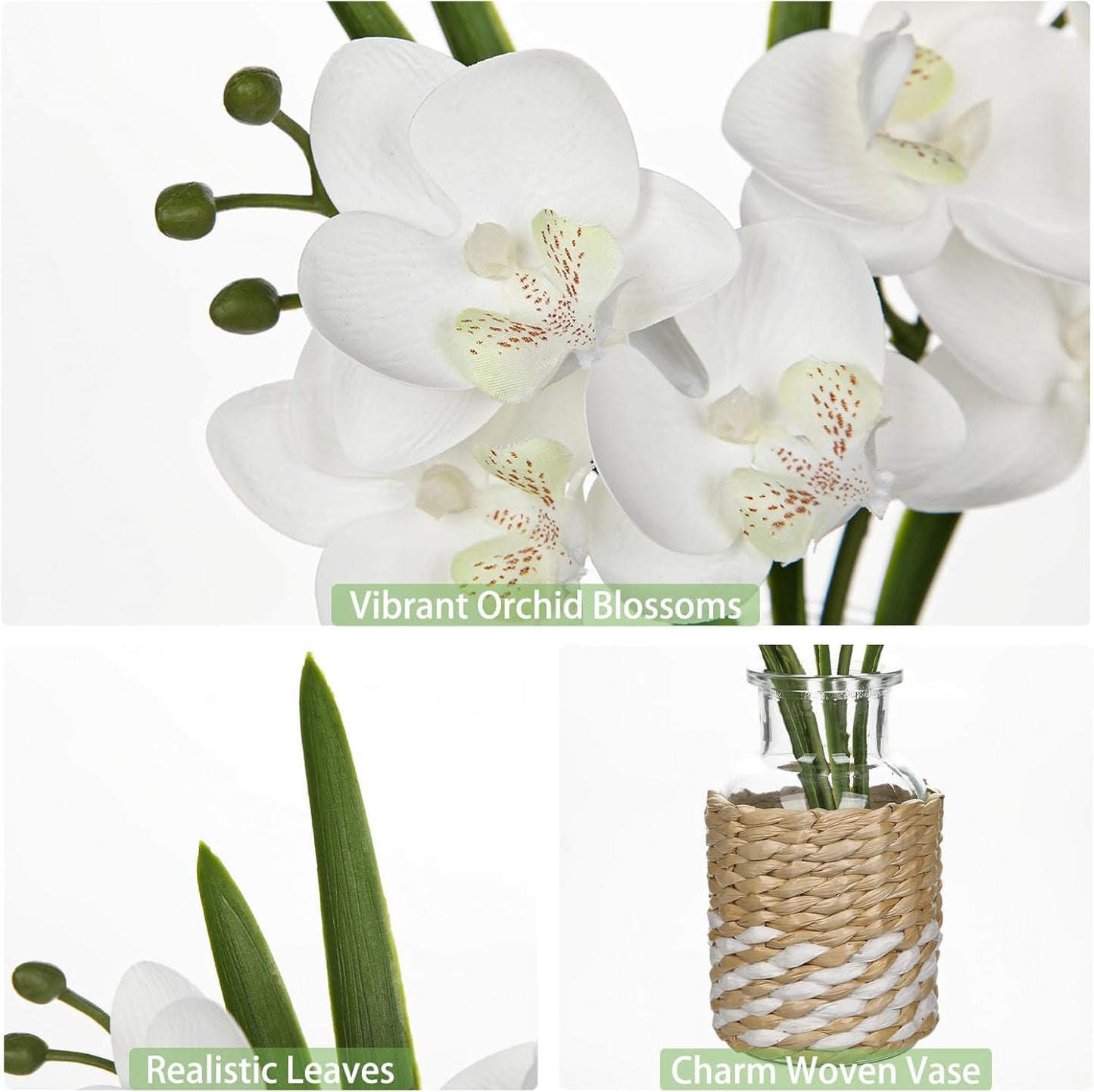White Orchids Artificial Flowers with Vase, Small Faux Orchid Arrangement Fake Flower in Woven Glass Vase Small White Centerpieces for Kitchen Dining Room Tables Bathroom Nightstand Decor