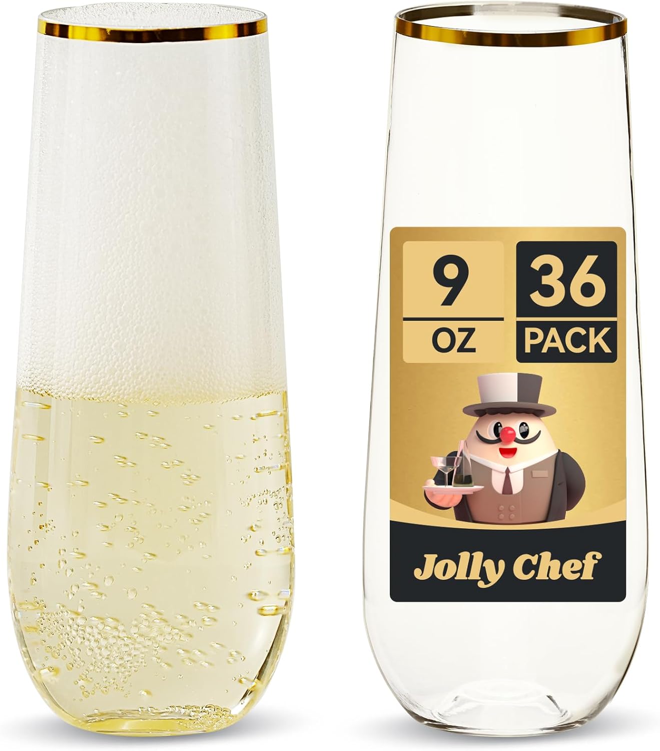 JOLLY CHEF 36 Pack 9 Oz Plastic Champagne Flutes, Gold Stemless Plastic Toasting Glasses| Shatterproof | Heavy Duty | Plastic Disposable Unbreakable Drinkware for Wedding, Birthday, Party