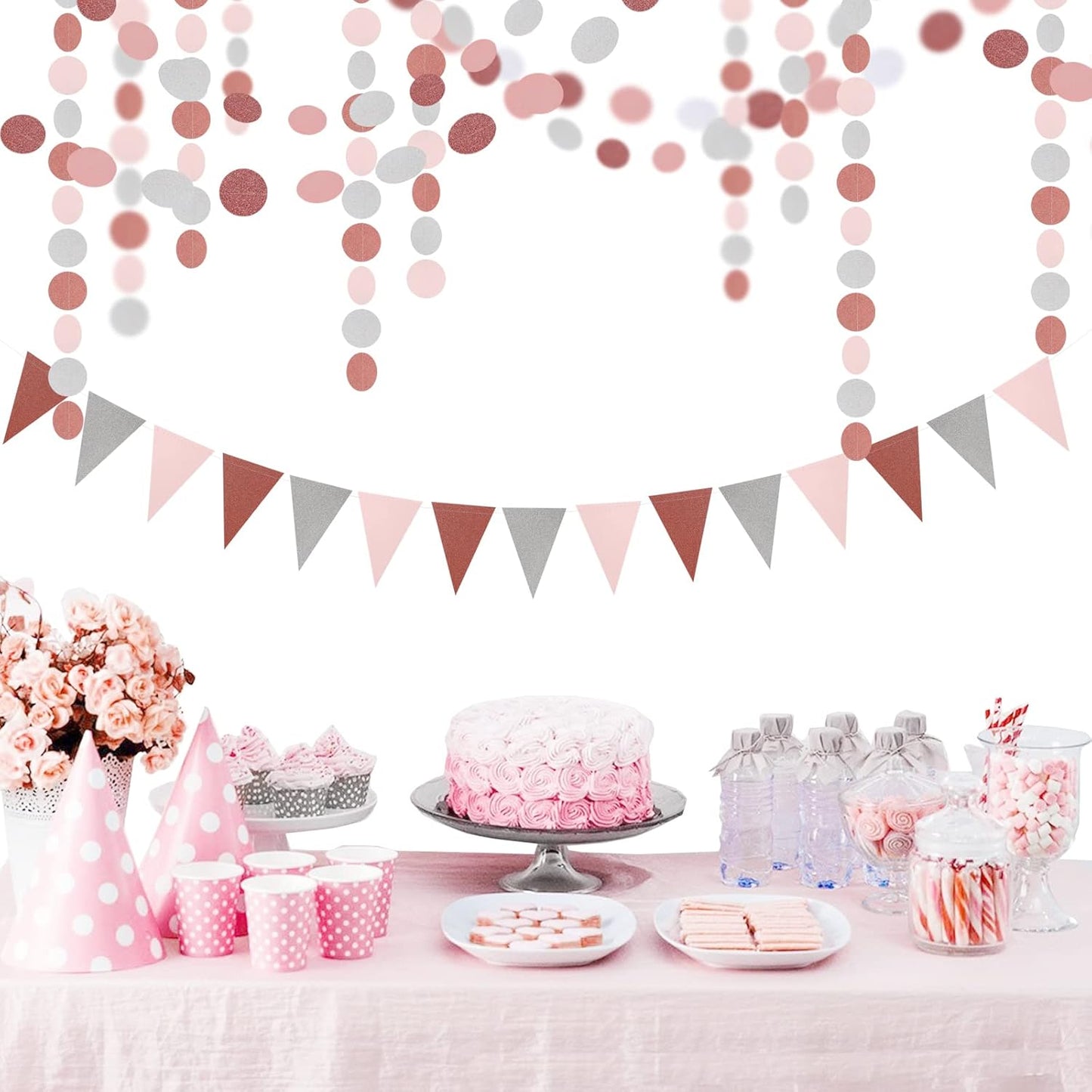 Rose-Gold Pink Silver Party Decorations - 52Ft Paper Streamer Women Girls Happy Birthday Decoration Baby Bridal Shower Garland Bachelorette Banner Engagement Brunch Mothers Day Decor