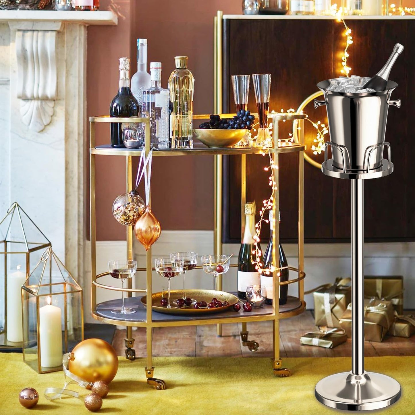 Ice Bucket with Stand Standing Champagne bucket for Party Stainless Steel Wine Bucket Wine Cooler with Stand 5L Wine Chiller for Bar Ktv Weding (silver)