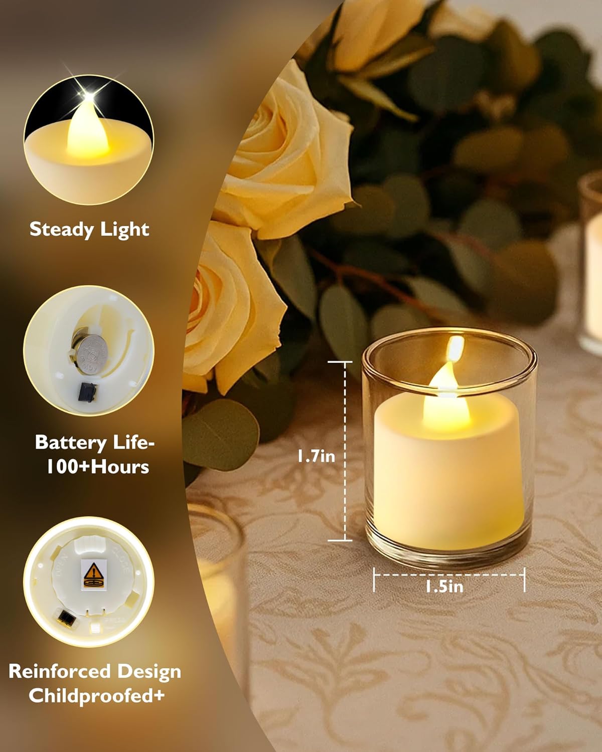 Amagic 12/24/50/100/150 Pack LED Tea Lights, Flameless Votive Candles, Battery Operated Tealights Candles for Halloween, Christmas, Home Decor, Wedding,Theme Party, Festival（12 Pack, Warm Ivory）